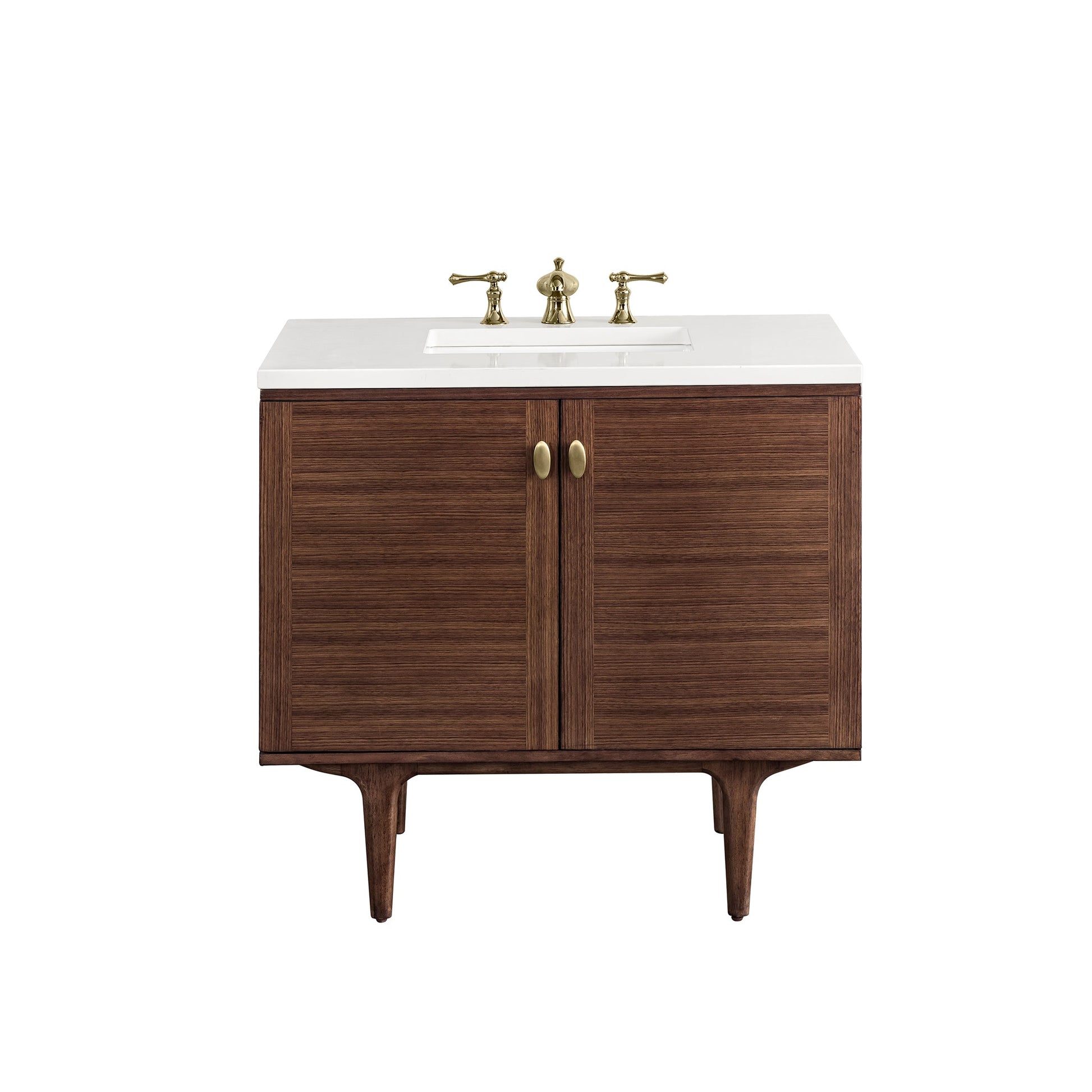 James Martin Vanities Amberly 36" Mid-Century Walnut Single Vanity With 3 cm White Zeus Top