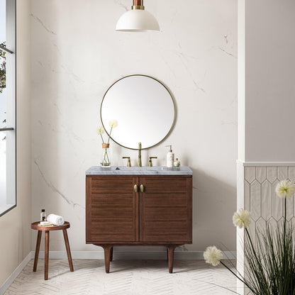 James Martin Vanities Amberly 36" Mid-Century Walnut Single Vanity With 3cm Carrara Marble Top