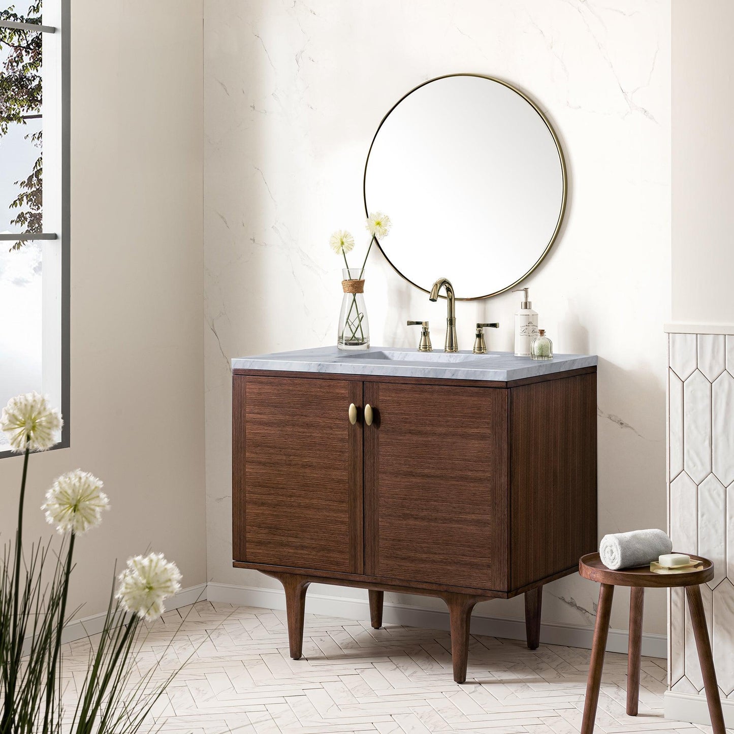 James Martin Vanities Amberly 36" Mid-Century Walnut Single Vanity With 3cm Carrara Marble Top