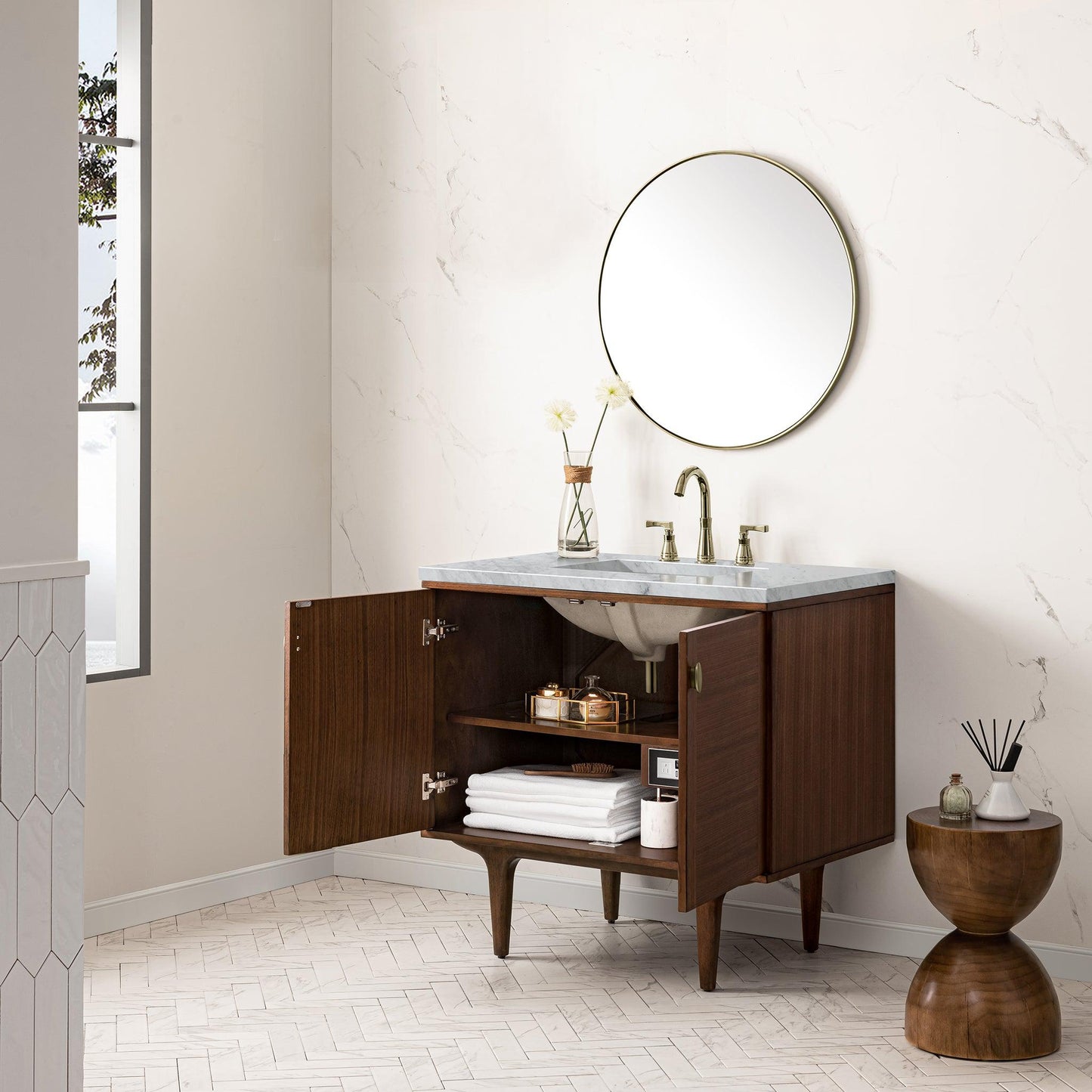 James Martin Vanities Amberly 36" Mid-Century Walnut Single Vanity With 3cm Carrara Marble Top