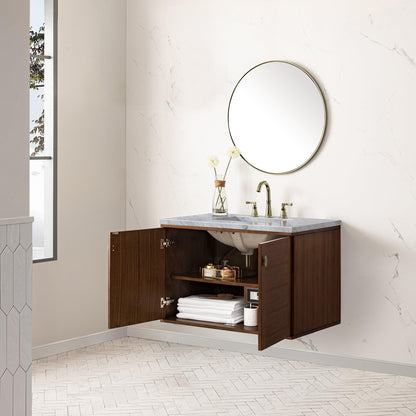 James Martin Vanities Amberly 36" Mid-Century Walnut Single Vanity With 3cm Carrara Marble Top