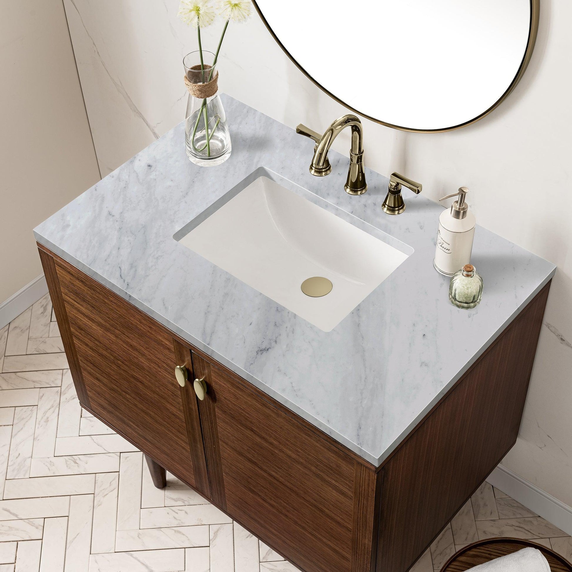 James Martin Vanities Amberly 36" Mid-Century Walnut Single Vanity With 3cm Carrara Marble Top