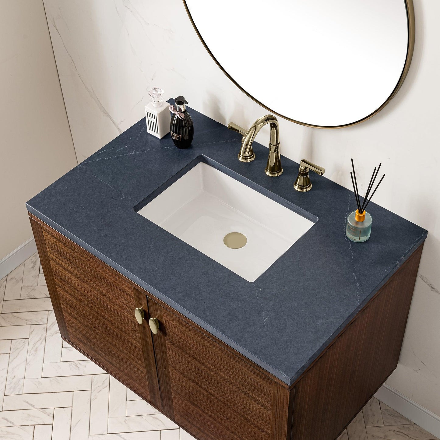 James Martin Vanities Amberly 36" Mid-Century Walnut Single Vanity With 3cm Charcoal Soapstone Top