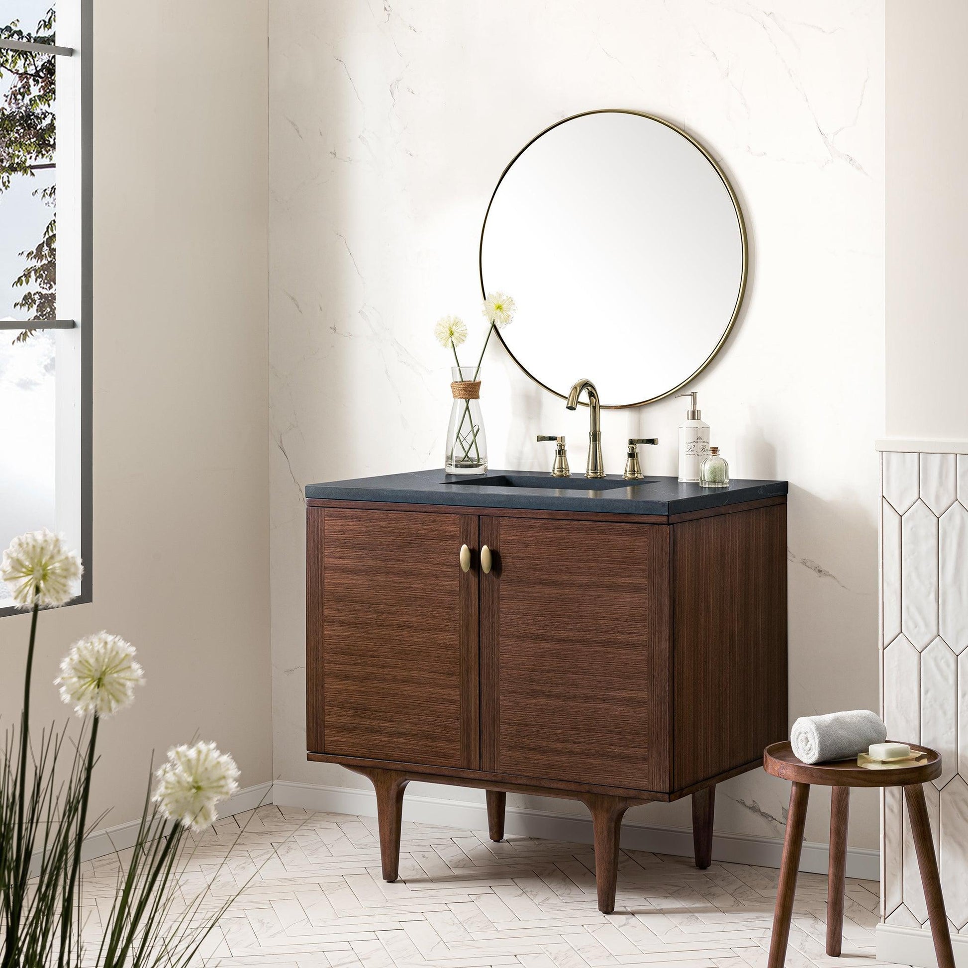 James Martin Vanities Amberly 36" Mid-Century Walnut Single Vanity With 3cm Charcoal Soapstone Top