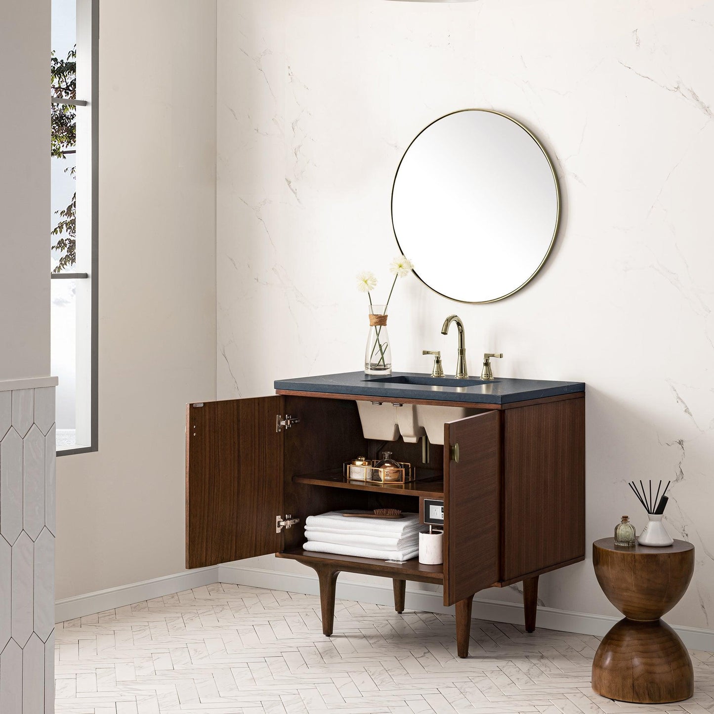 James Martin Vanities Amberly 36" Mid-Century Walnut Single Vanity With 3cm Charcoal Soapstone Top