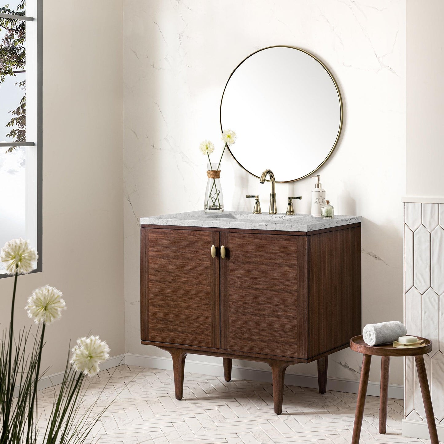 James Martin Vanities Amberly 36" Mid-Century Walnut Single Vanity With 3cm Eternal Jasmine Pearl Top