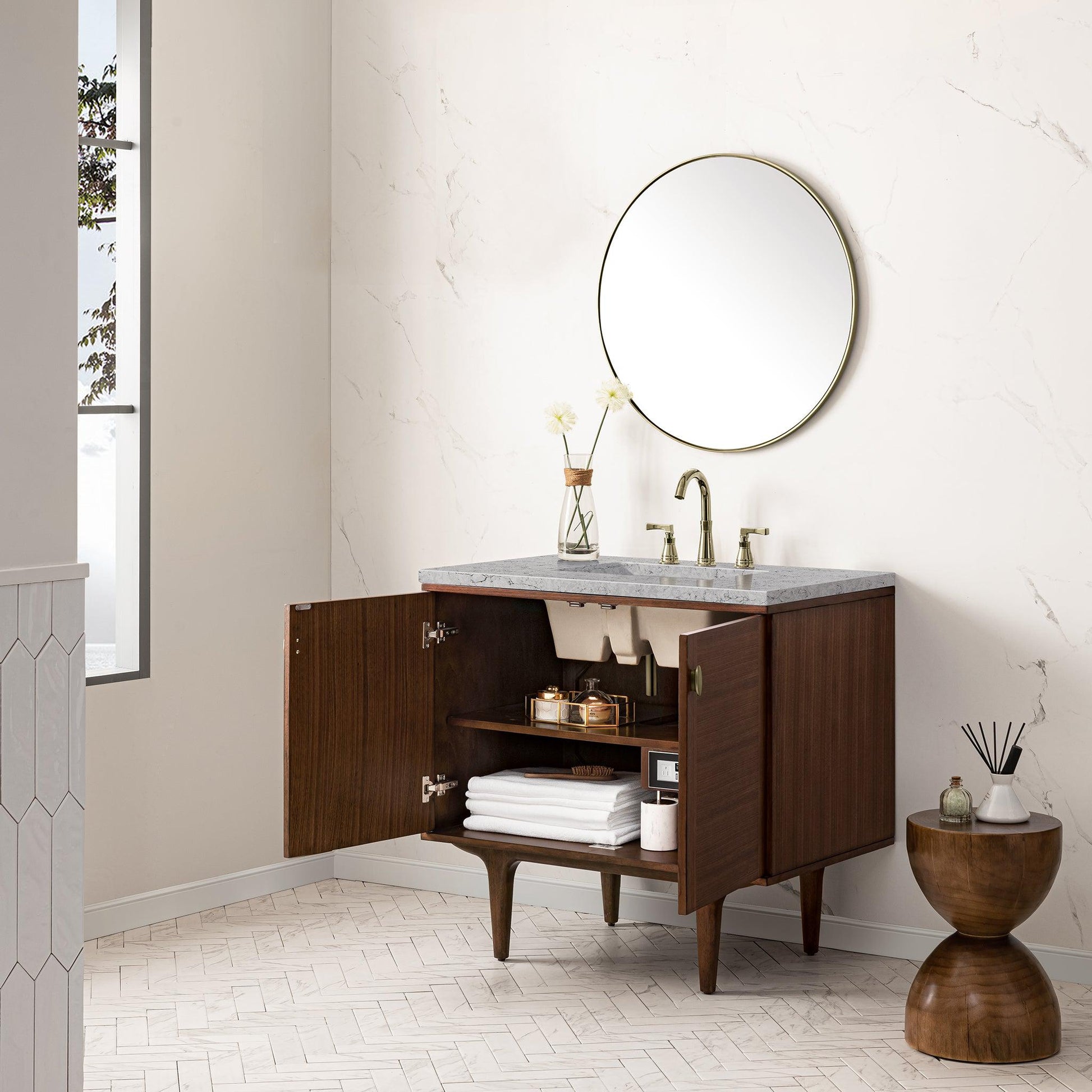 James Martin Vanities Amberly 36" Mid-Century Walnut Single Vanity With 3cm Eternal Jasmine Pearl Top