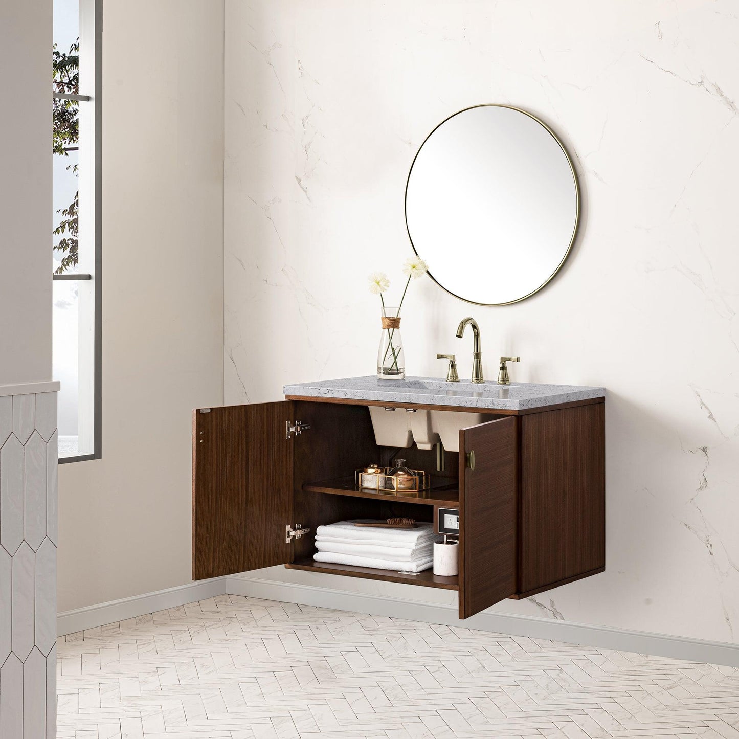 James Martin Vanities Amberly 36" Mid-Century Walnut Single Vanity With 3cm Eternal Jasmine Pearl Top