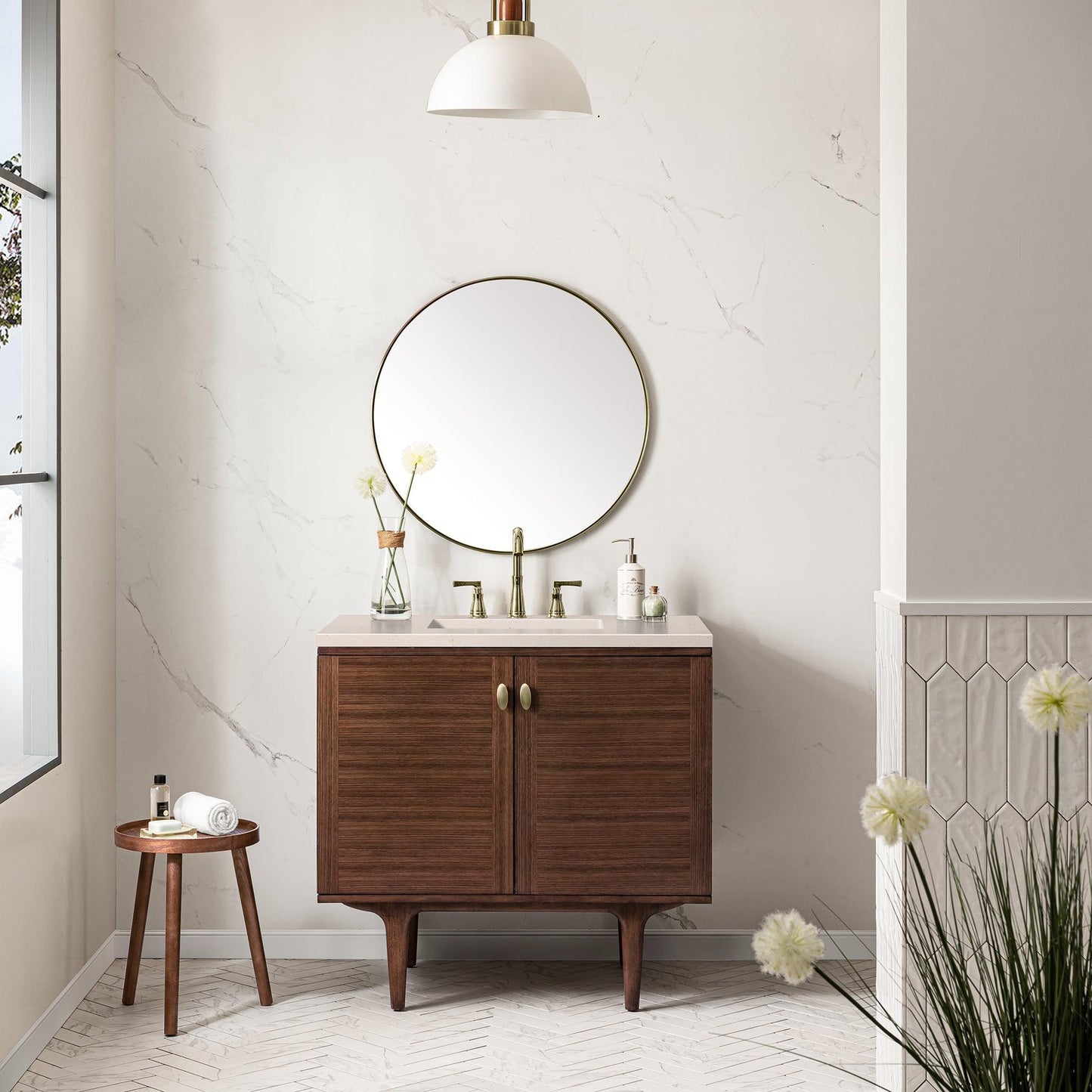 James Martin Vanities Amberly 36" Mid-Century Walnut Single Vanity With 3cm Eternal Marfil Top