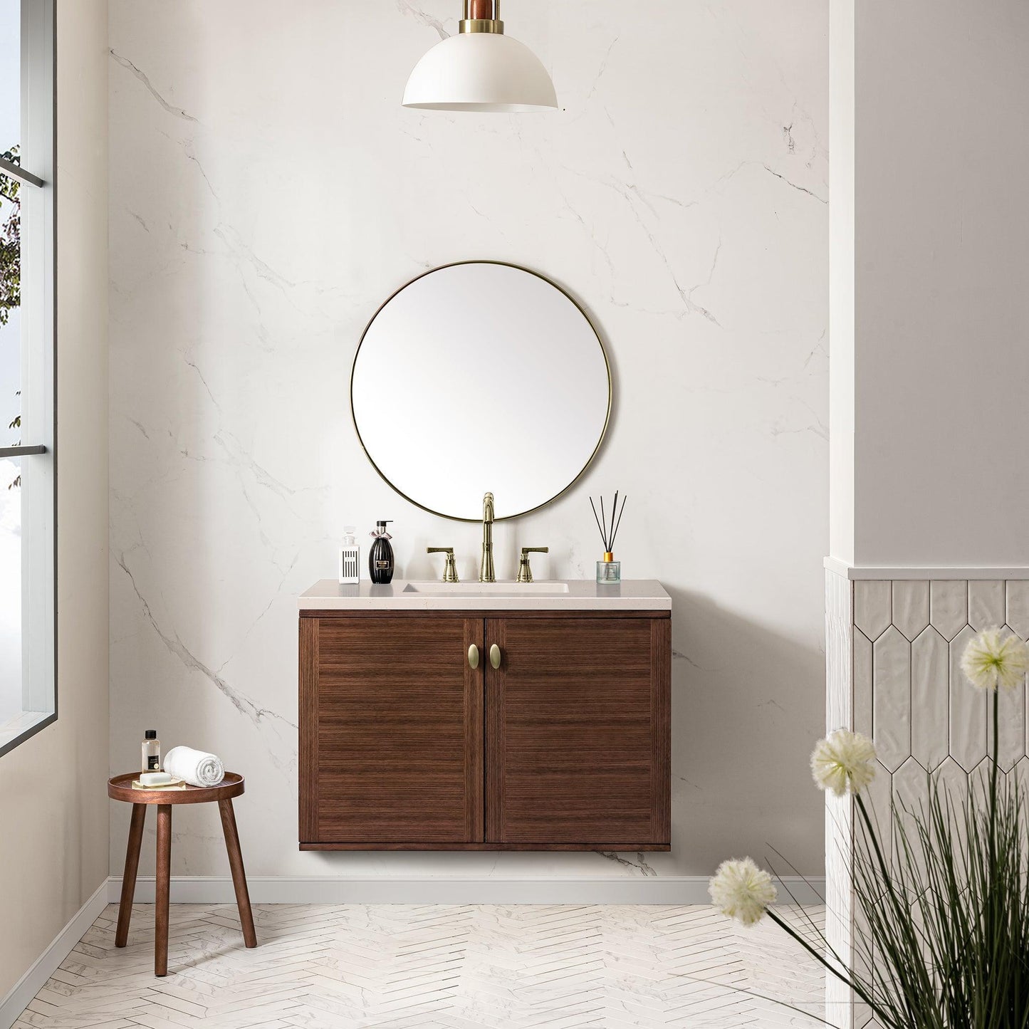 James Martin Vanities Amberly 36" Mid-Century Walnut Single Vanity With 3cm Eternal Marfil Top