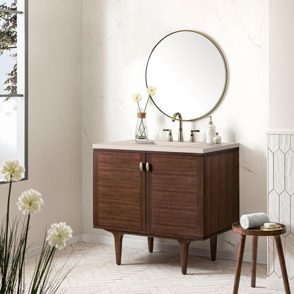 James Martin Vanities Amberly 36" Mid-Century Walnut Single Vanity With 3cm Eternal Marfil Top