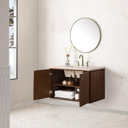 James Martin Vanities Amberly 36" Mid-Century Walnut Single Vanity With 3cm Eternal Marfil Top