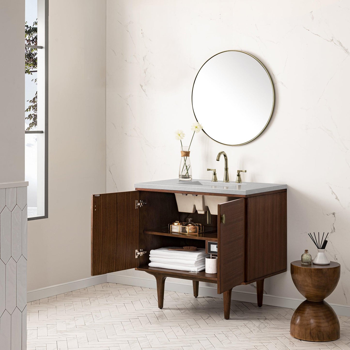 James Martin Vanities Amberly 36" Mid-Century Walnut Single Vanity With 3cm Eternal Serena Top