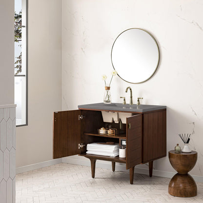 James Martin Vanities Amberly 36" Mid-Century Walnut Single Vanity With 3cm Grey Expo Top