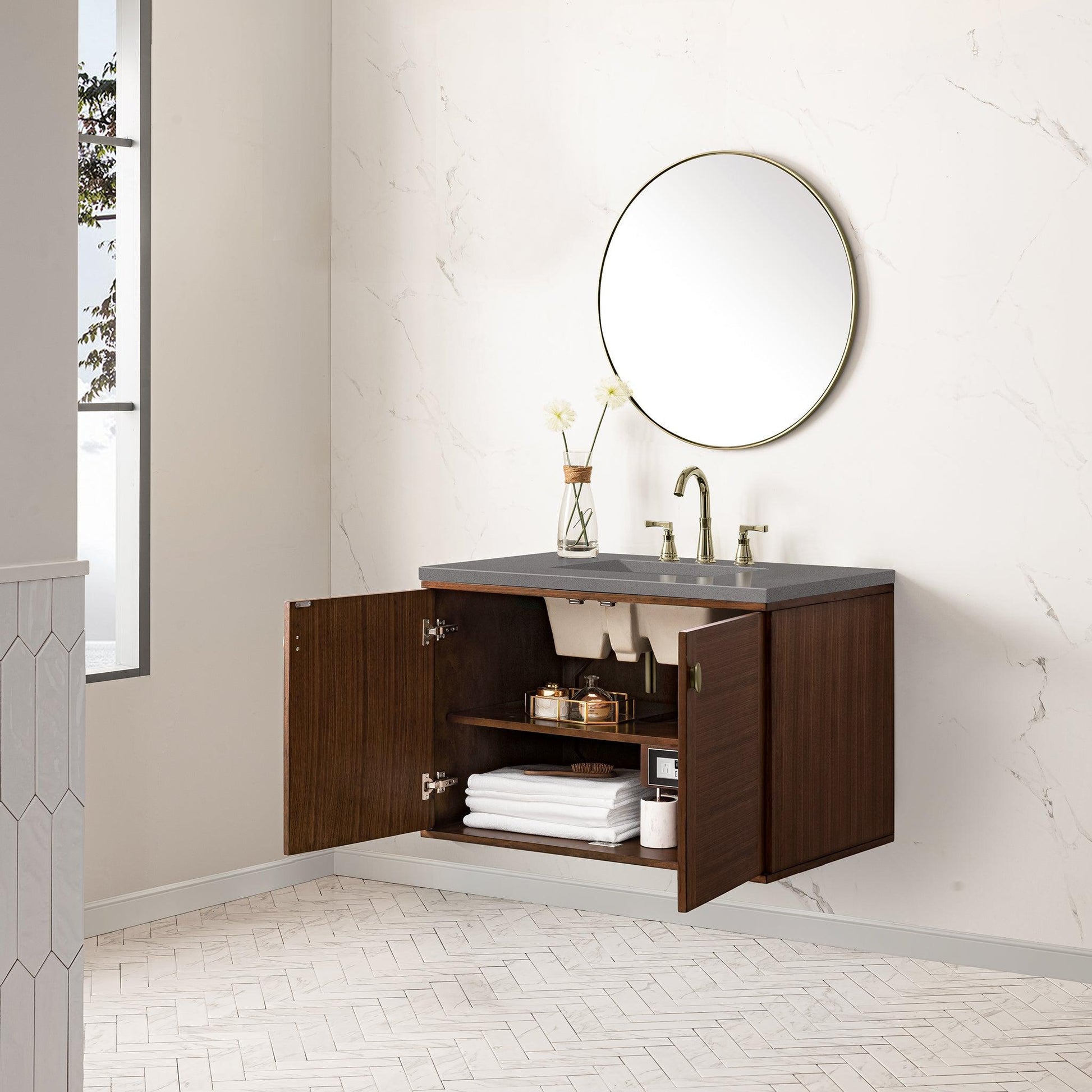 James Martin Vanities Amberly 36" Mid-Century Walnut Single Vanity With 3cm Grey Expo Top