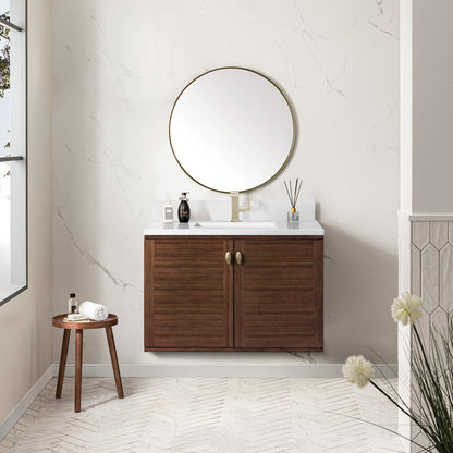 James Martin Vanities Amberly 36" Mid-Century Walnut Single Vanity With Single Hole 3 cm White Zeus Top & Backsplash