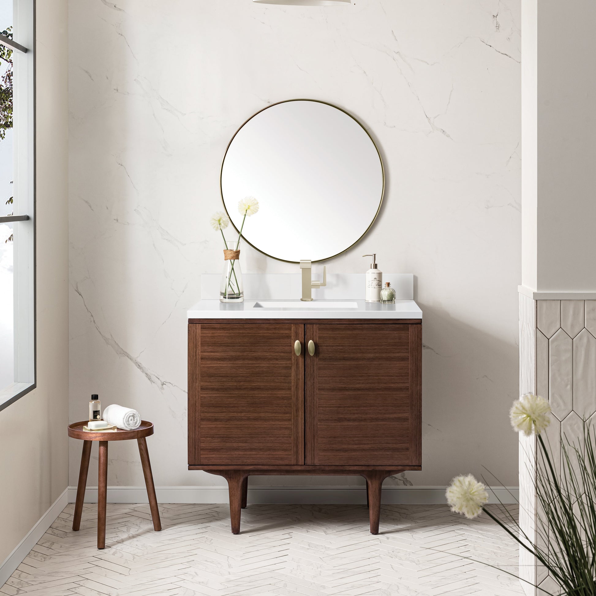 James Martin Vanities Amberly 36" Mid-Century Walnut Single Vanity With Single Hole 3 cm White Zeus Top & Backsplash