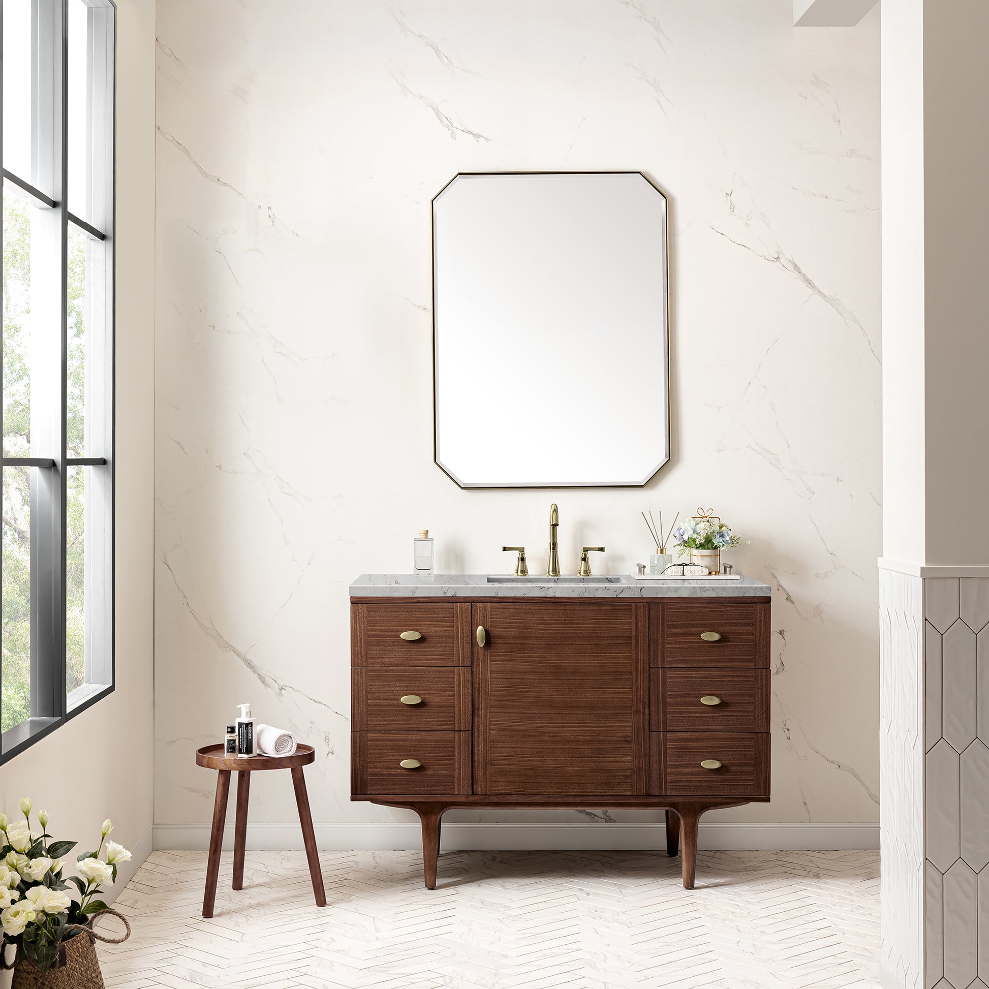 James Martin Vanities Amberly 48" Mid-Century Walnut Single Vanity With 3 cm Eternal Jasmine Pearl Top and FreePower Wireless Charger