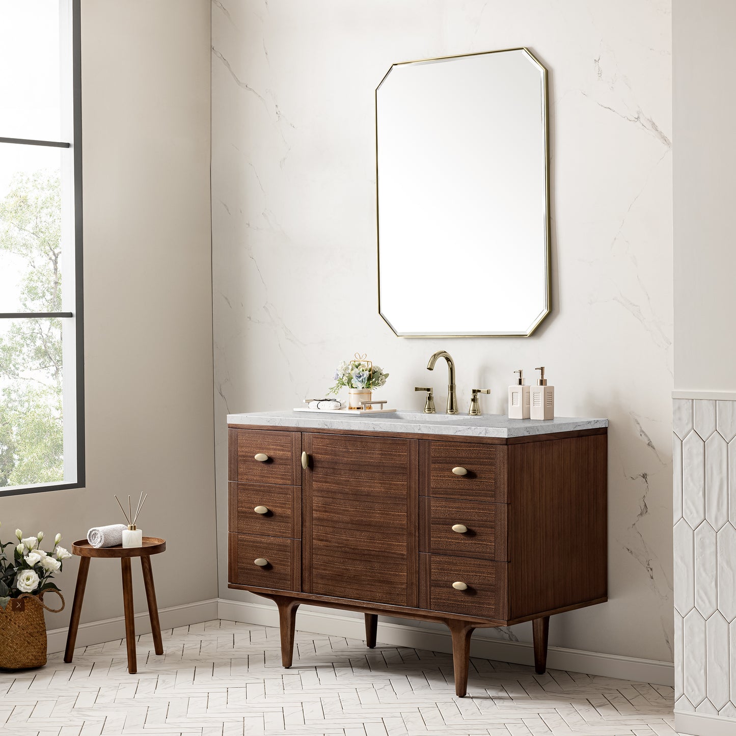 James Martin Vanities Amberly 48" Mid-Century Walnut Single Vanity With 3 cm Eternal Jasmine Pearl Top and FreePower Wireless Charger