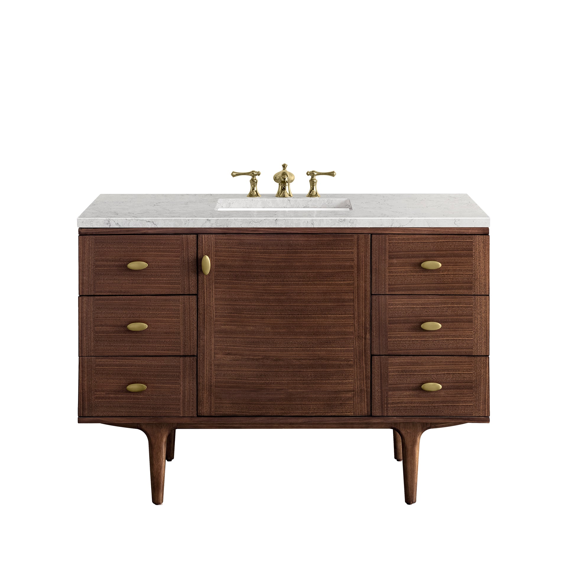 James Martin Vanities Amberly 48" Mid-Century Walnut Single Vanity With 3 cm Eternal Jasmine Pearl Top and FreePower Wireless Charger