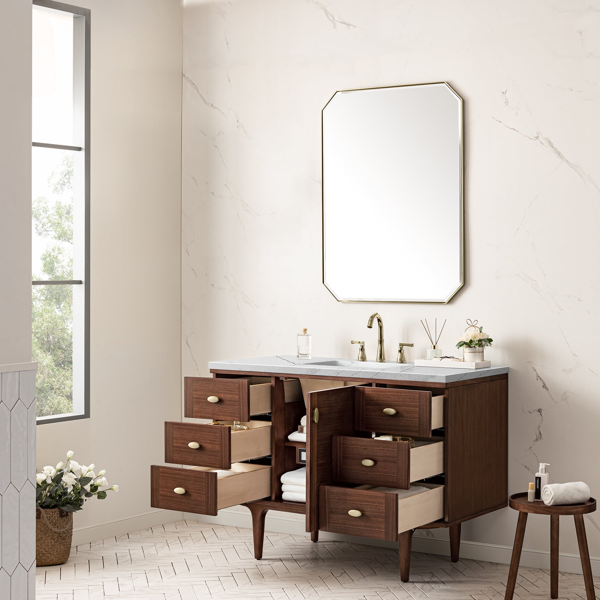 James Martin Vanities Amberly 48" Mid-Century Walnut Single Vanity With 3 cm Ethereal Noctis Top and FreePower Wireless Charger