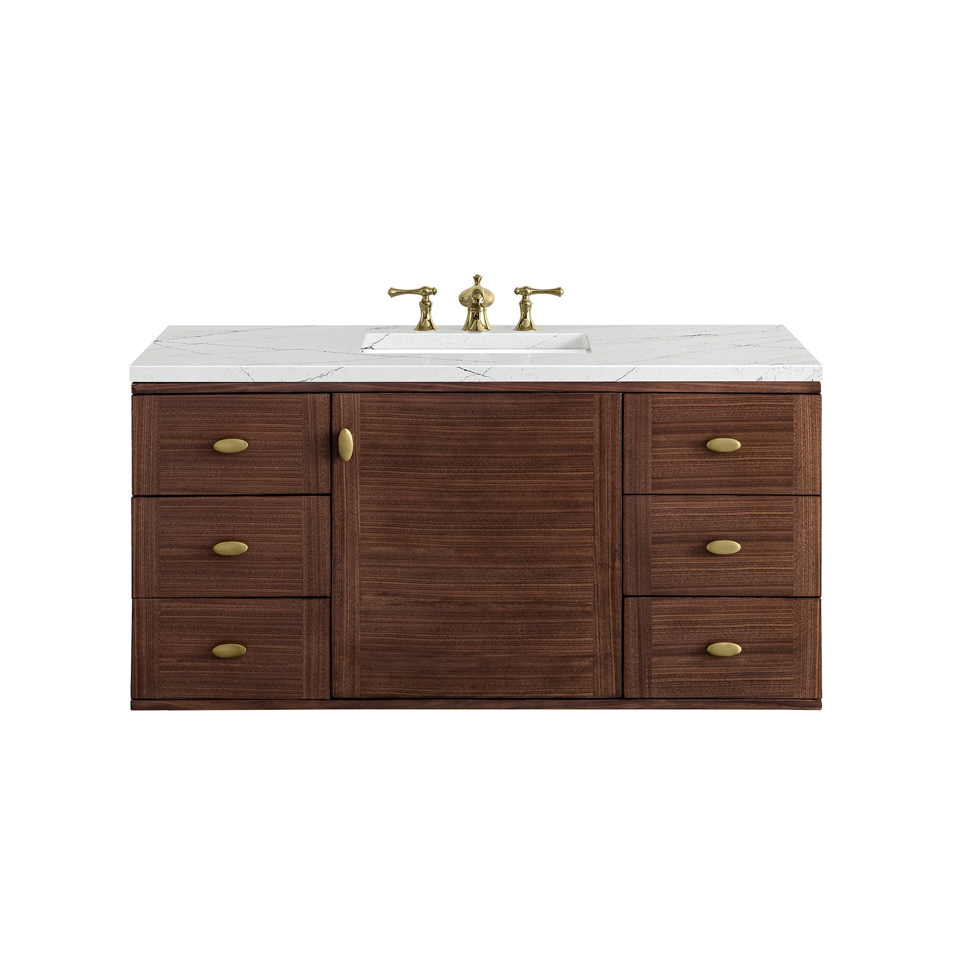 James Martin Vanities Amberly 48" Mid-Century Walnut Single Vanity With 3 cm Ethereal Noctis Top and FreePower Wireless Charger