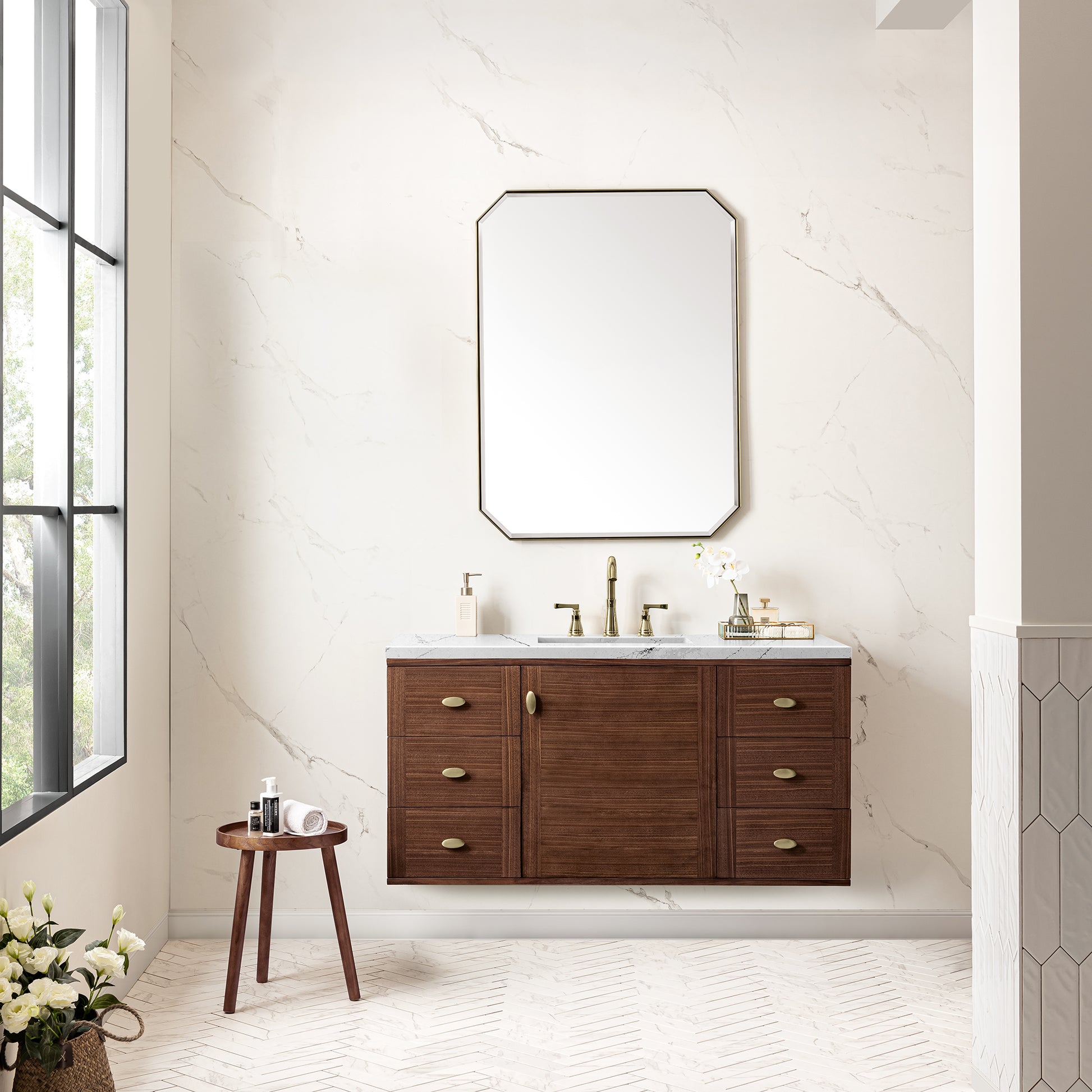 James Martin Vanities Amberly 48" Mid-Century Walnut Single Vanity With 3 cm Ethereal Noctis Top and FreePower Wireless Charger