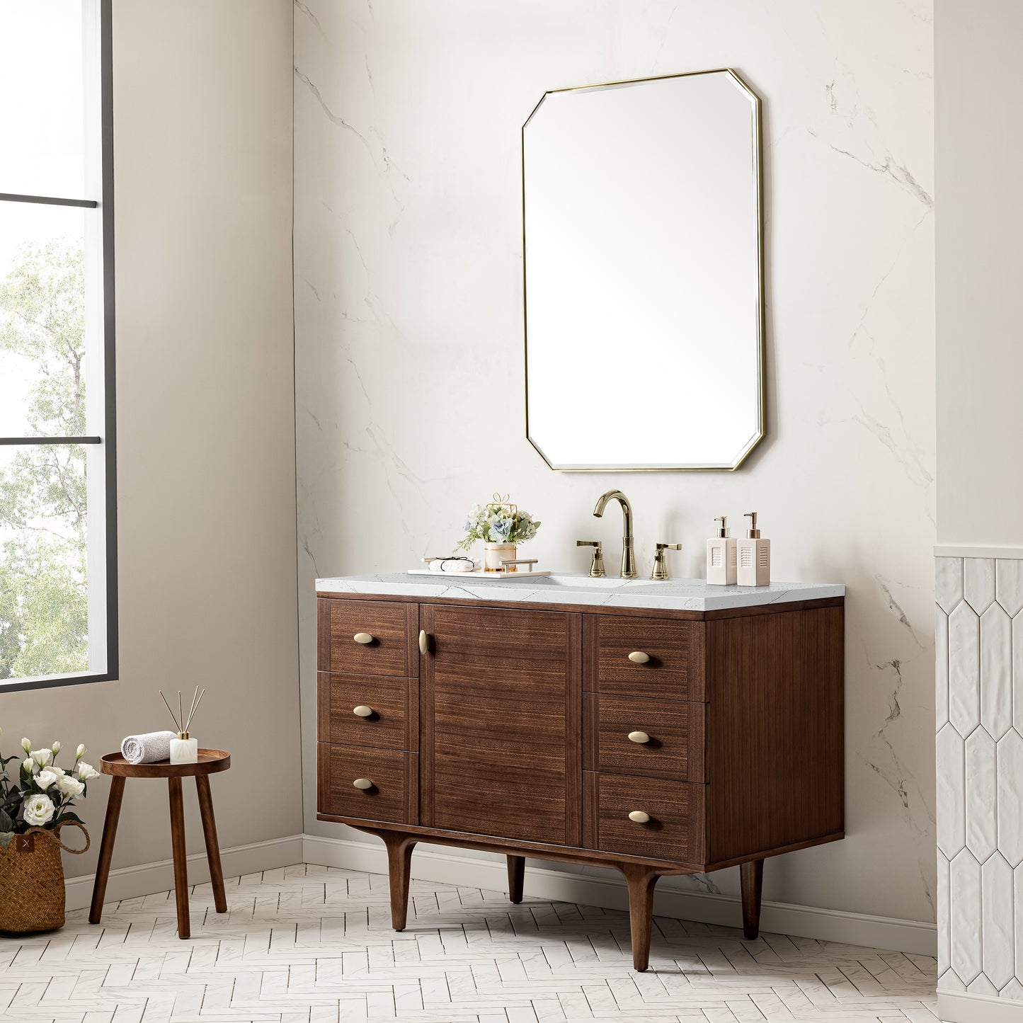 James Martin Vanities Amberly 48" Mid-Century Walnut Single Vanity With 3 cm Ethereal Noctis Top and FreePower Wireless Charger