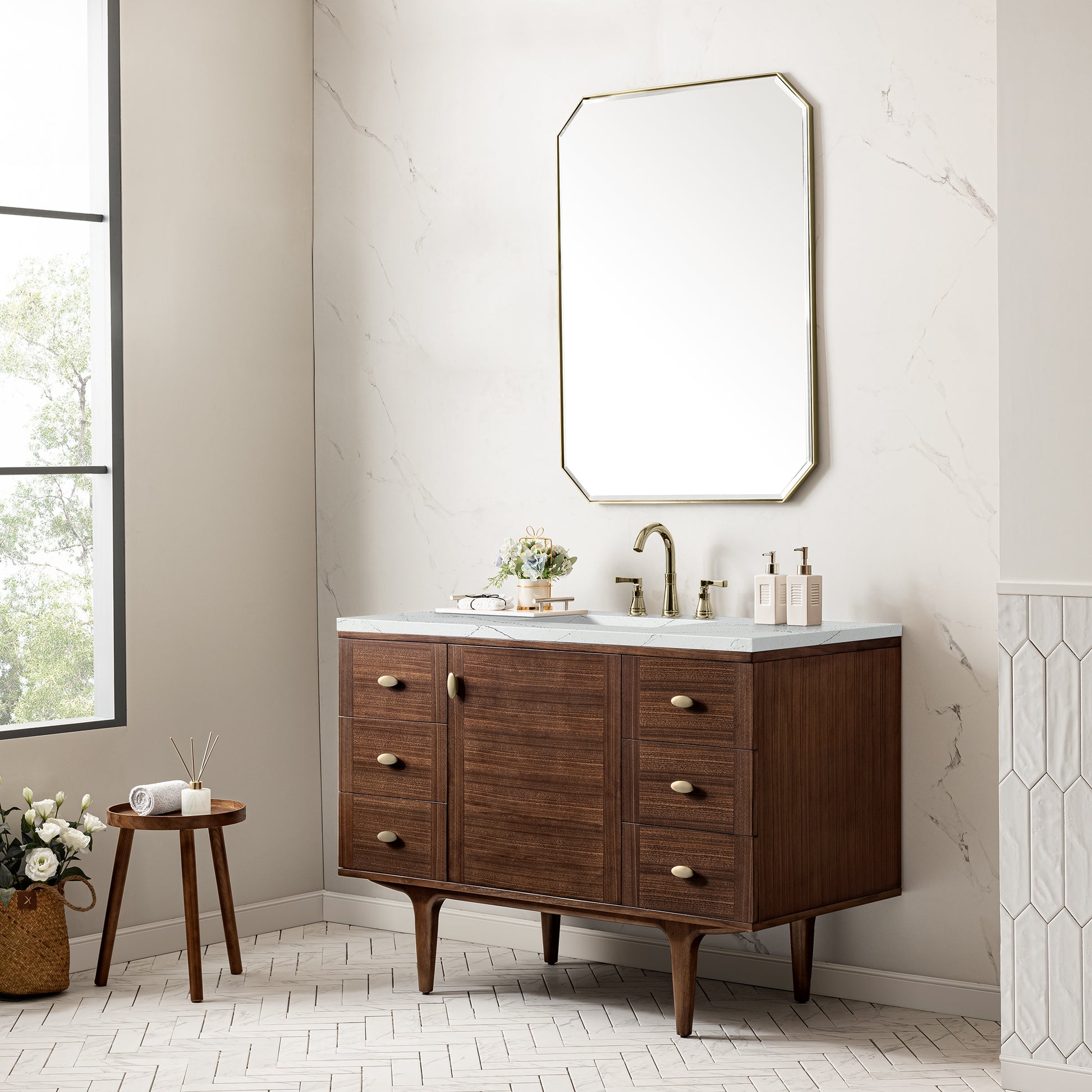 James Martin Vanities Amberly 48" Mid-Century Walnut Single Vanity With 3 cm Ethereal Noctis Top and FreePower Wireless Charger