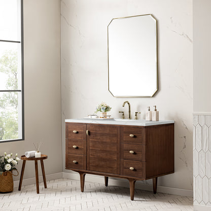 James Martin Vanities Amberly 48" Mid-Century Walnut Single Vanity With 3 cm Ethereal Noctis Top and FreePower Wireless Charger