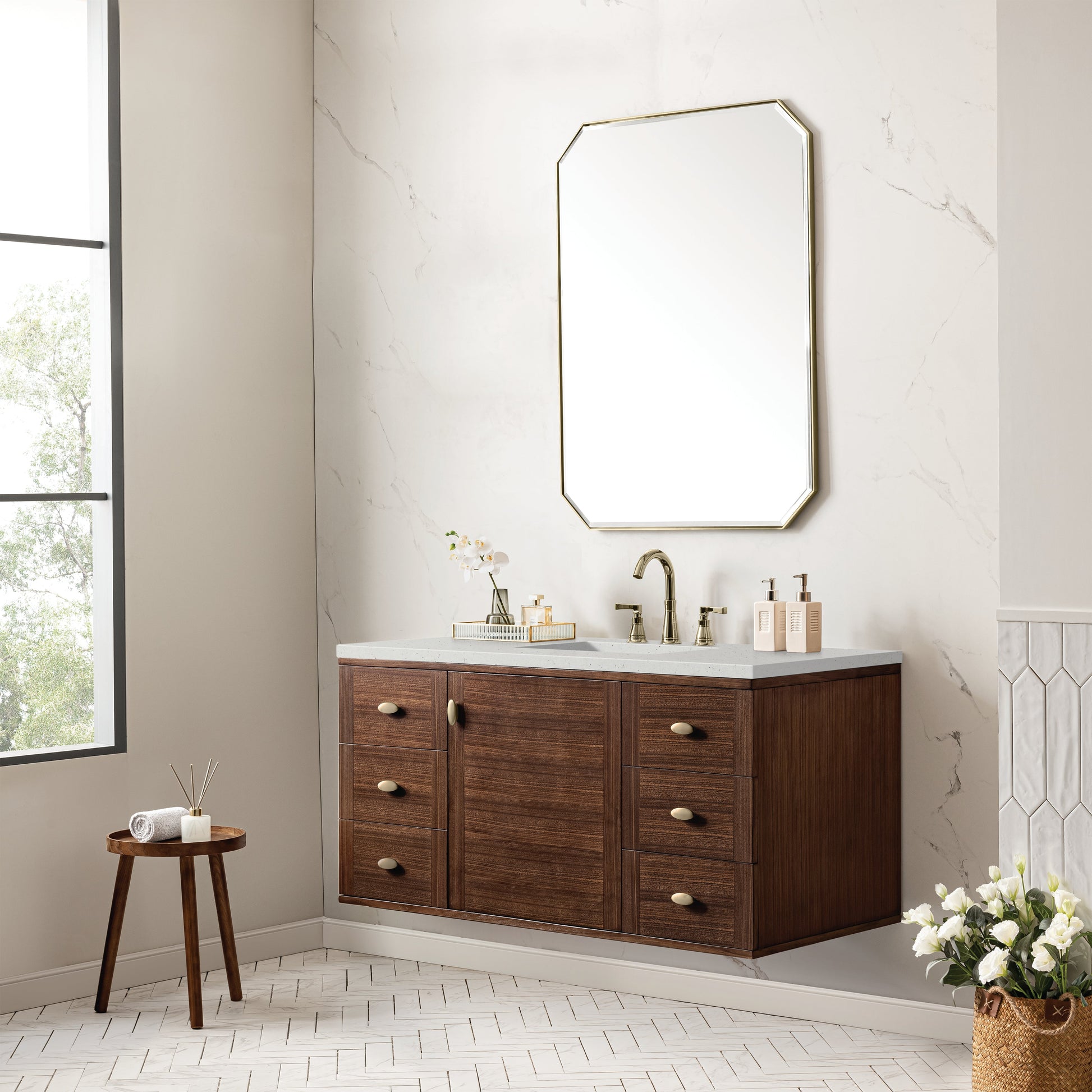 James Martin Vanities Amberly 48" Mid-Century Walnut Single Vanity With 3 cm Lime Delight Top