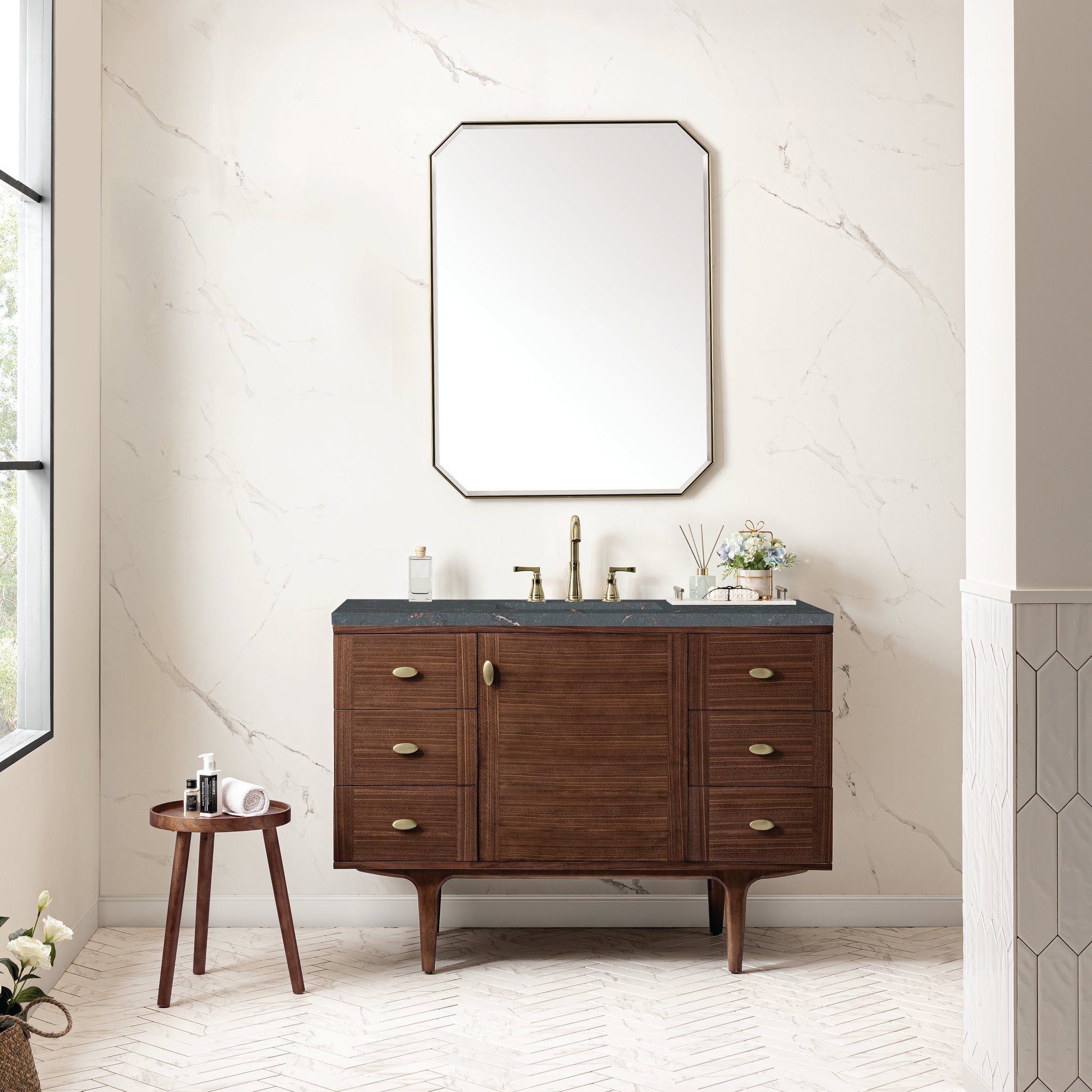 James Martin Vanities Amberly 48" Mid-Century Walnut Single Vanity With 3 cm Parisien Bleu Top