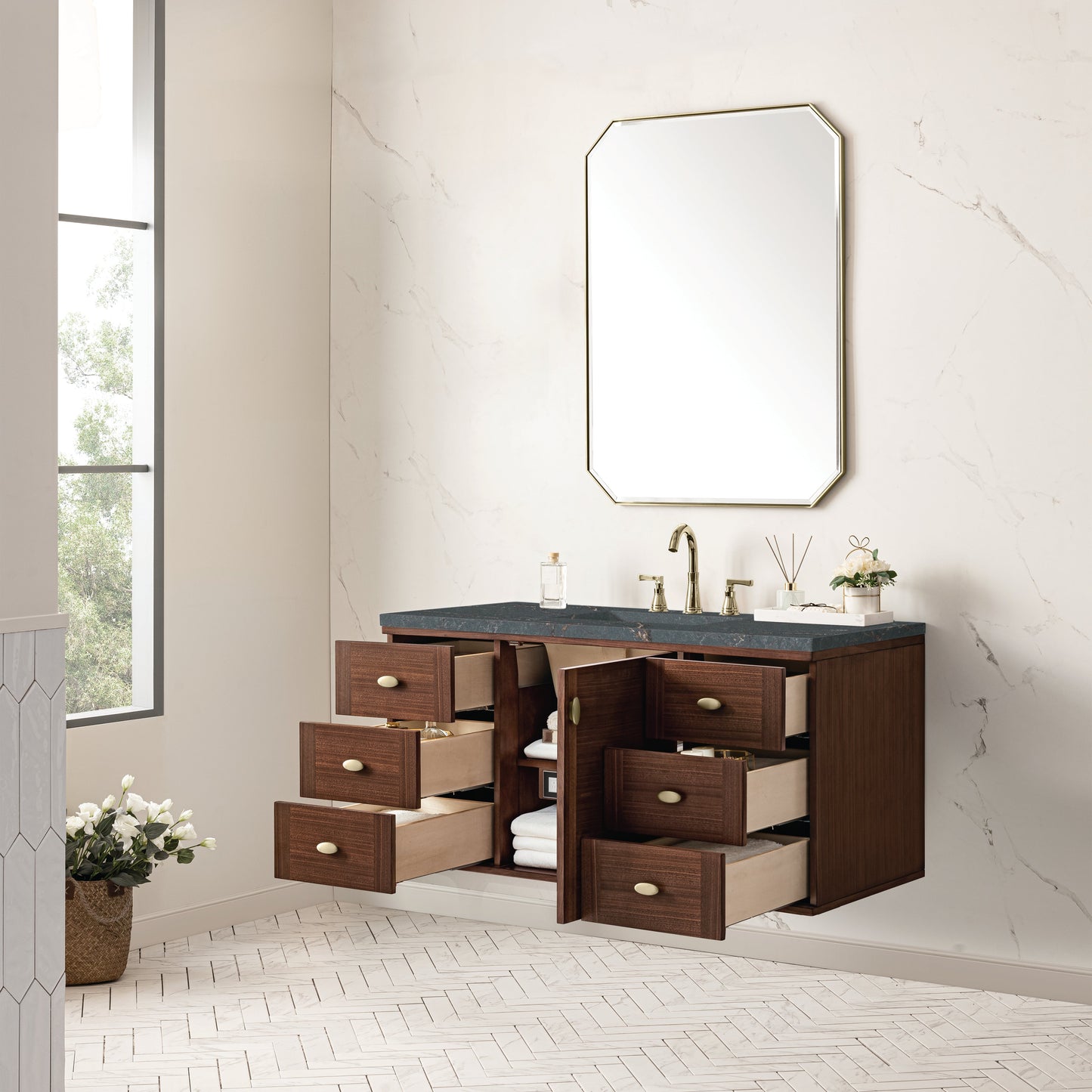 James Martin Vanities Amberly 48" Mid-Century Walnut Single Vanity With 3 cm Parisien Bleu Top