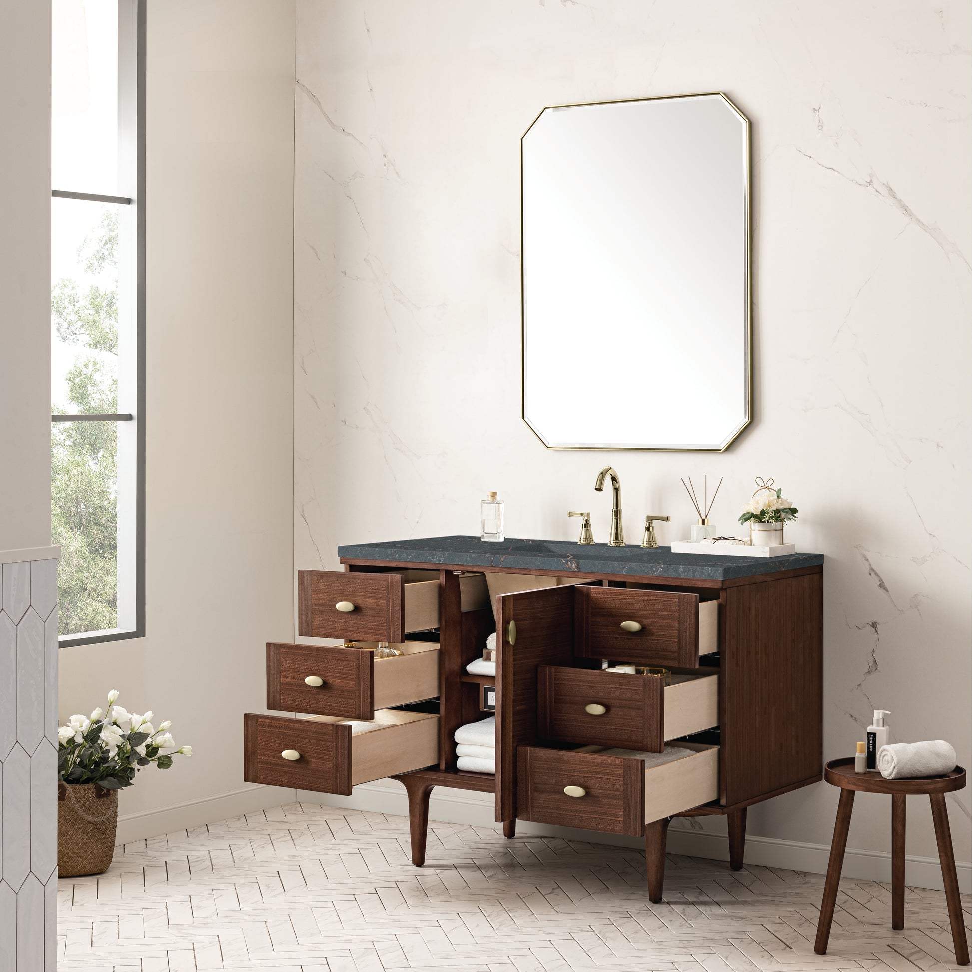 James Martin Vanities Amberly 48" Mid-Century Walnut Single Vanity With 3 cm Parisien Bleu Top and FreePower Wireless Charger