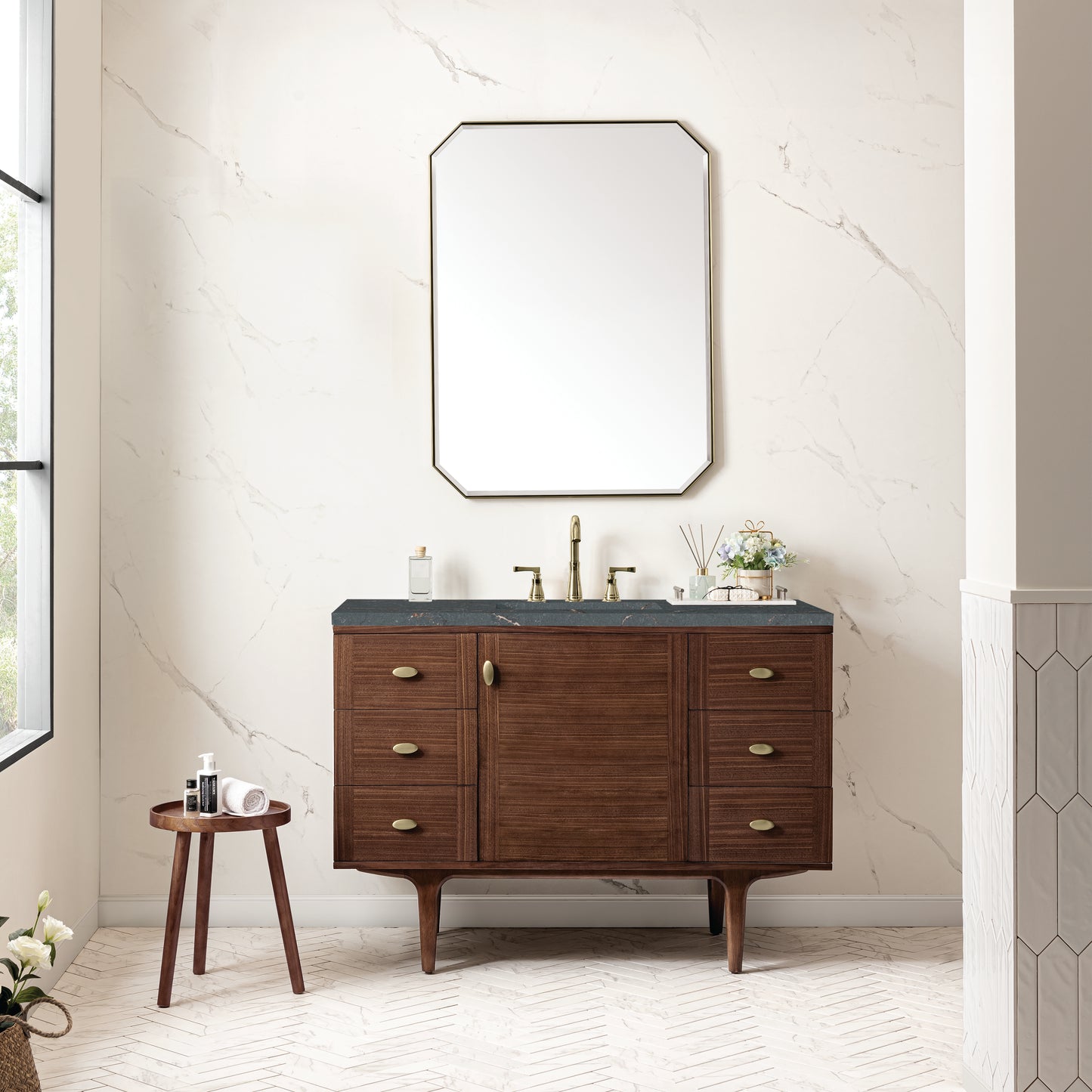 James Martin Vanities Amberly 48" Mid-Century Walnut Single Vanity With 3 cm Parisien Bleu Top and FreePower Wireless Charger