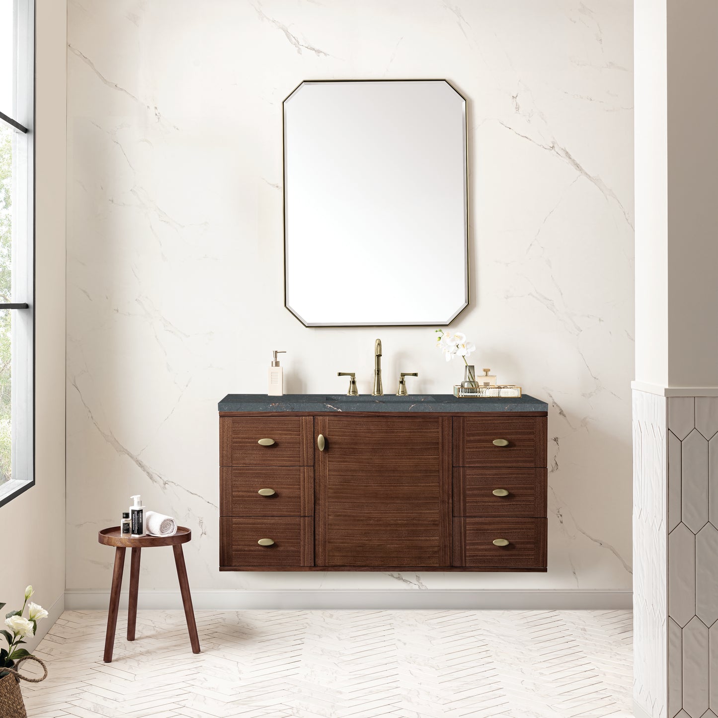 James Martin Vanities Amberly 48" Mid-Century Walnut Single Vanity With 3 cm Parisien Bleu Top and FreePower Wireless Charger