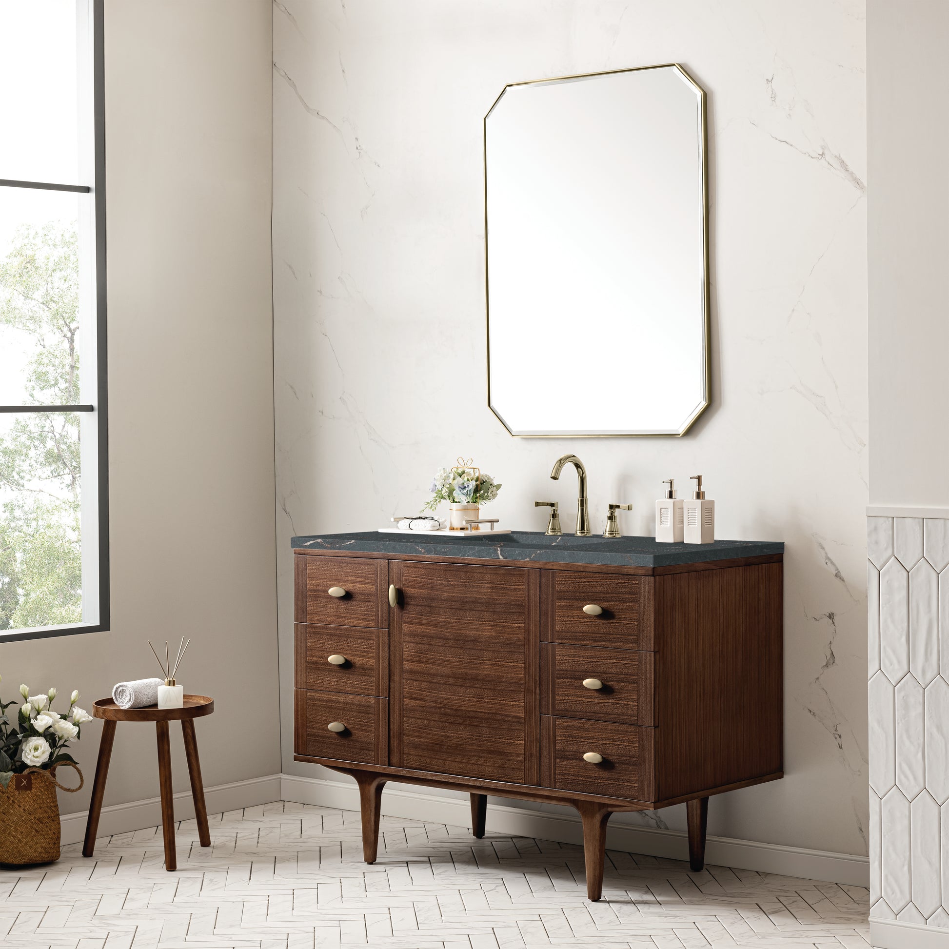 James Martin Vanities Amberly 48" Mid-Century Walnut Single Vanity With 3 cm Parisien Bleu Top and FreePower Wireless Charger
