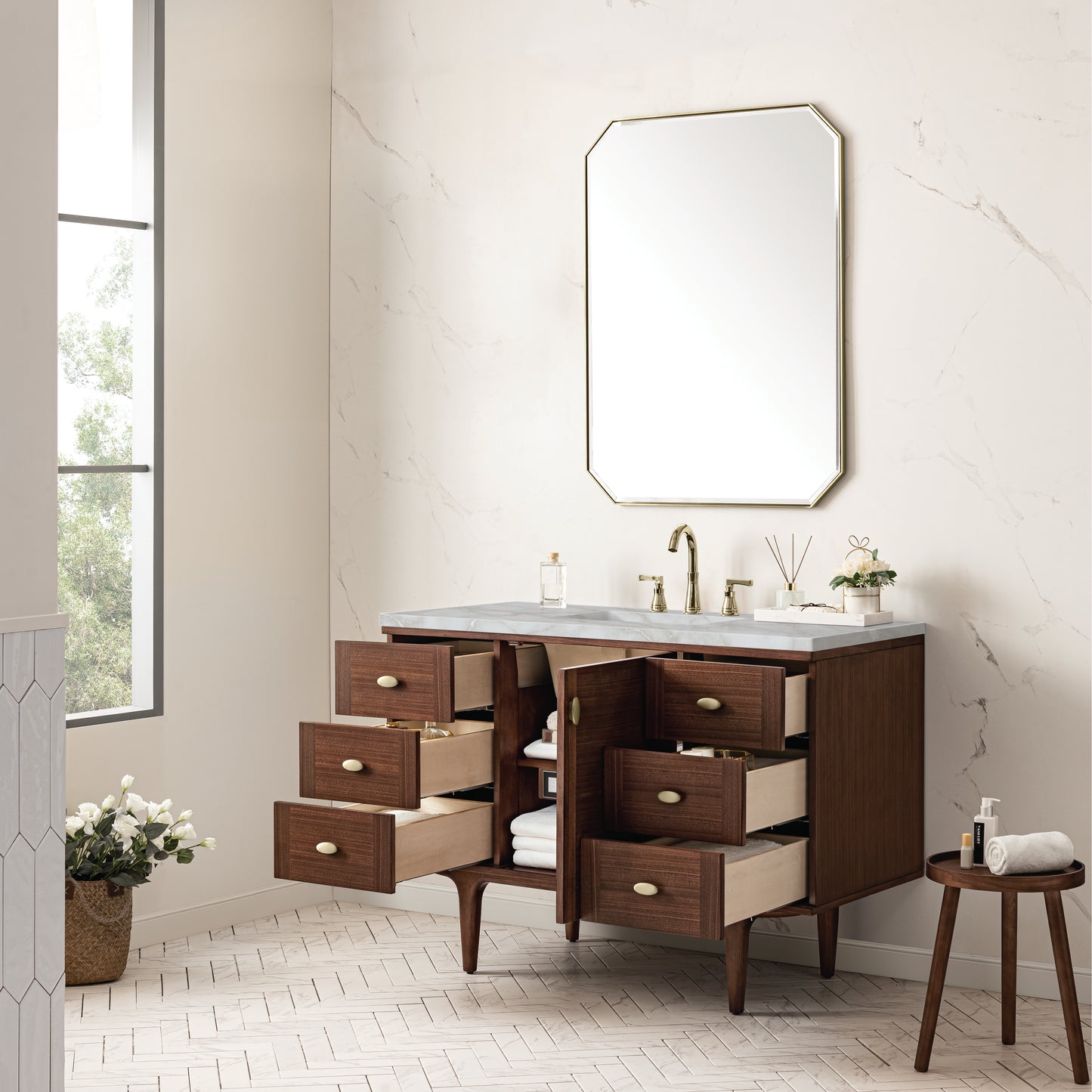 James Martin Vanities Amberly 48" Mid-Century Walnut Single Vanity With 3 cm Victorian Silver Top and FreePower Wireless Charger