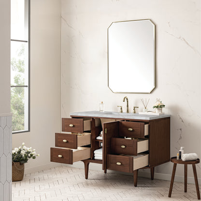 James Martin Vanities Amberly 48" Mid-Century Walnut Single Vanity With 3 cm Victorian Silver Top and FreePower Wireless Charger