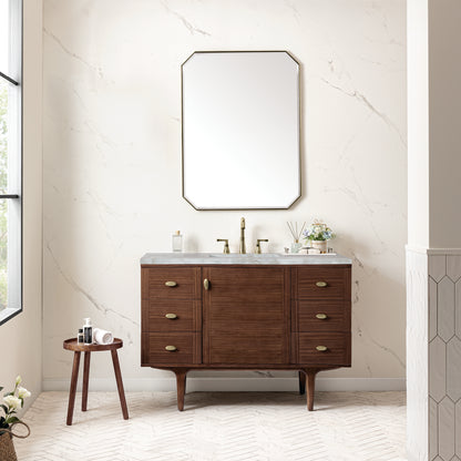 James Martin Vanities Amberly 48" Mid-Century Walnut Single Vanity With 3 cm Victorian Silver Top and FreePower Wireless Charger
