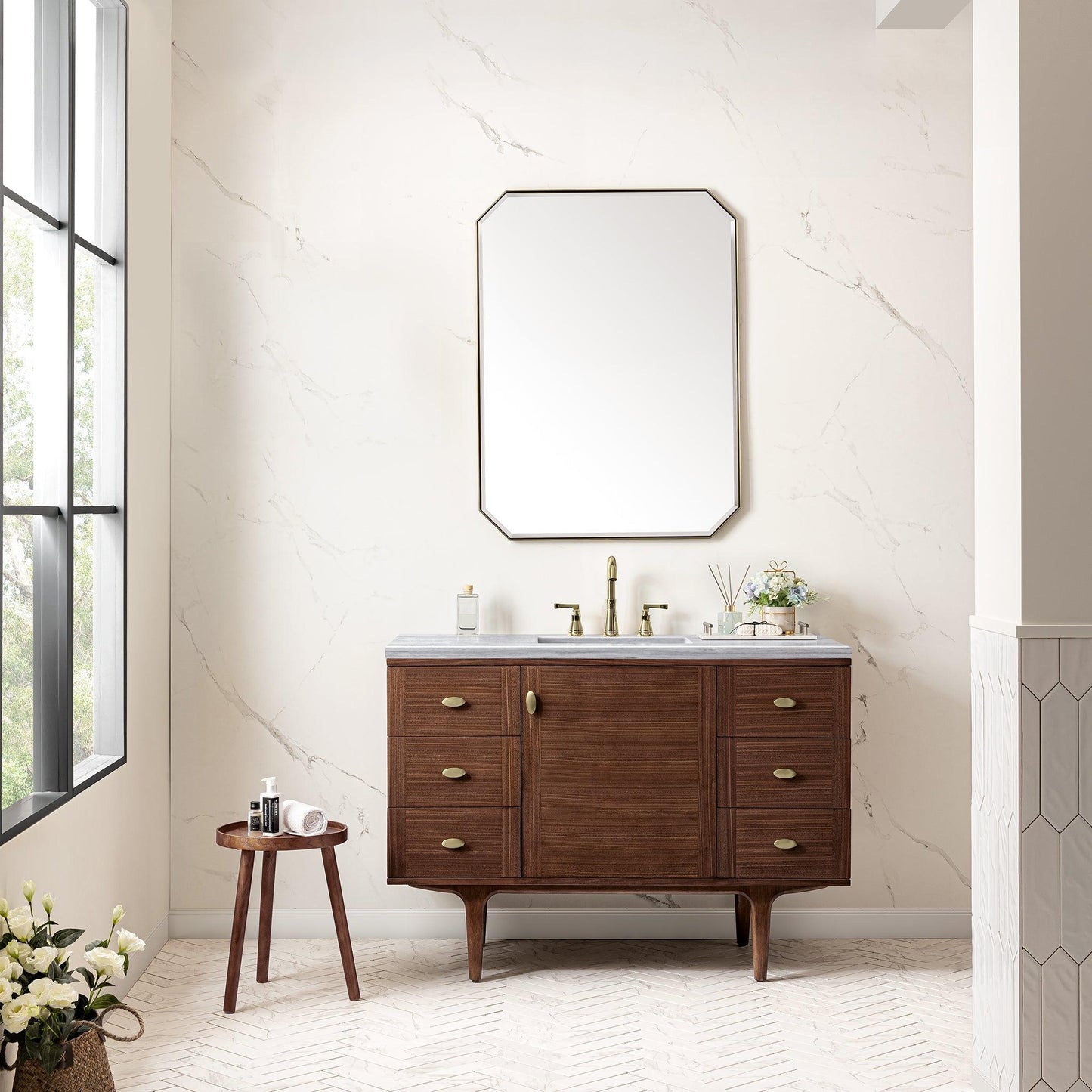 James Martin Vanities Amberly 48" Mid-Century Walnut Single Vanity With 3cm Arctic Fall Top