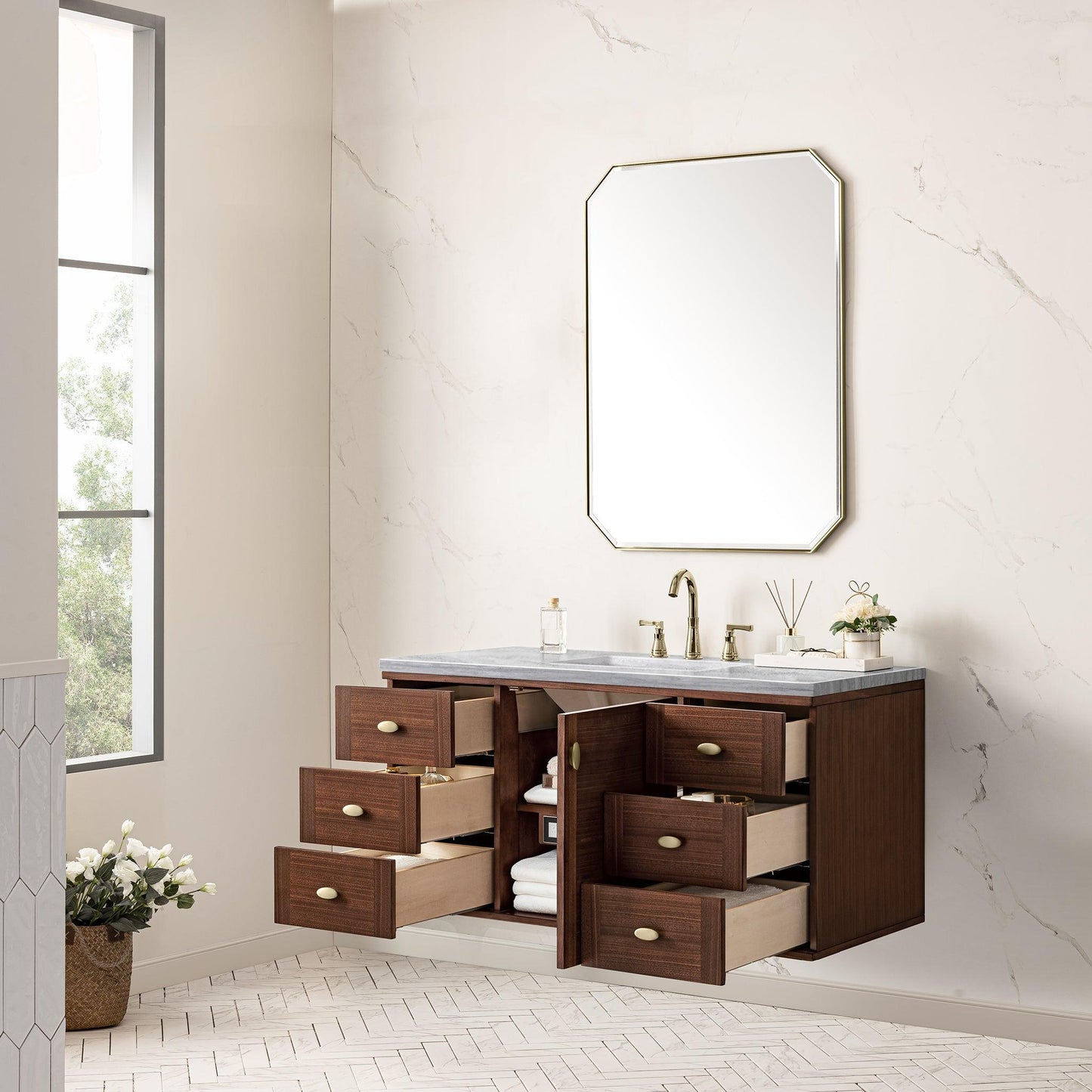 James Martin Vanities Amberly 48" Mid-Century Walnut Single Vanity With 3cm Arctic Fall Top