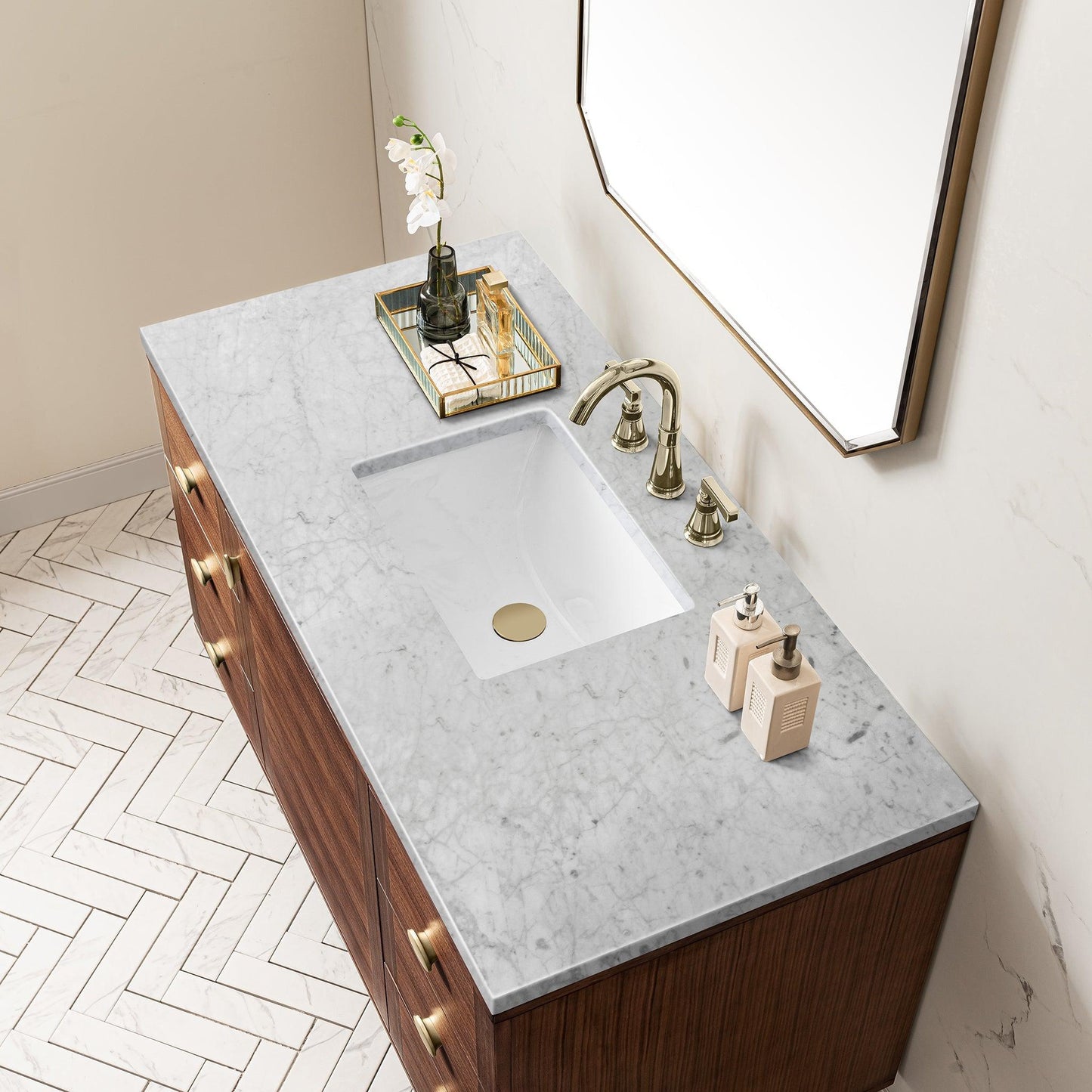 James Martin Vanities Amberly 48" Mid-Century Walnut Single Vanity With 3cm Carrara Marble Top