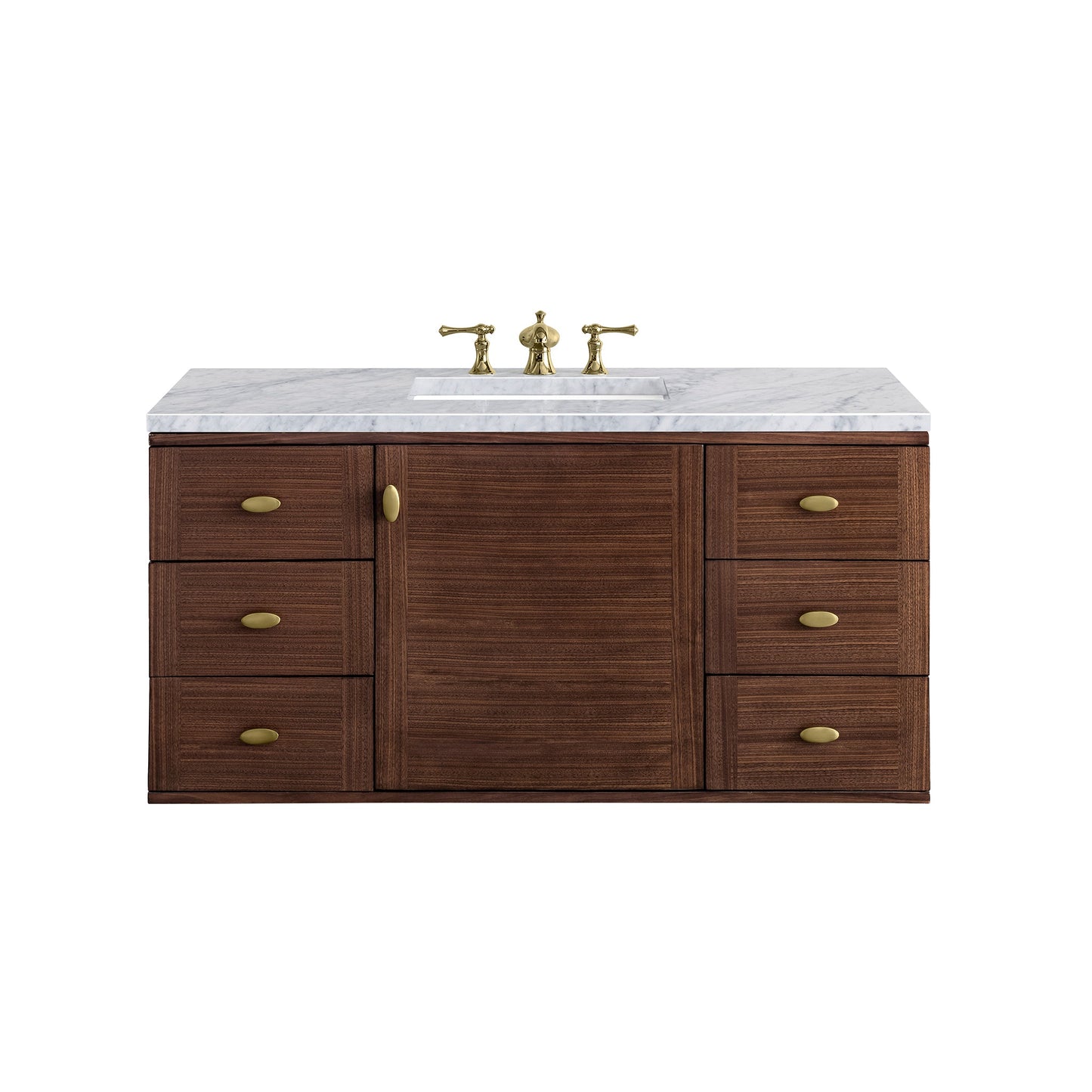 James Martin Vanities Amberly 48" Mid-Century Walnut Single Vanity With 3cm Carrara Marble Top