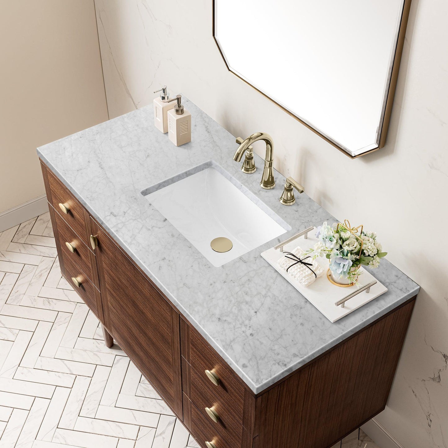 James Martin Vanities Amberly 48" Mid-Century Walnut Single Vanity With 3cm Carrara Marble Top