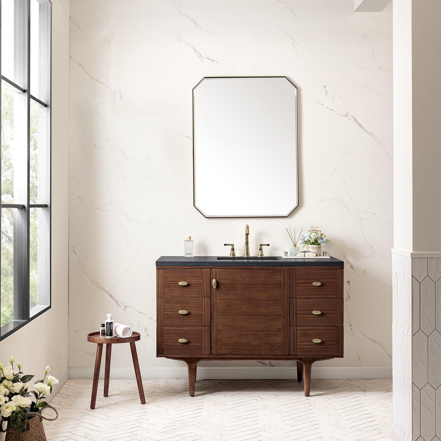 James Martin Vanities Amberly 48" Mid-Century Walnut Single Vanity With 3cm Charcoal Soapstone Top