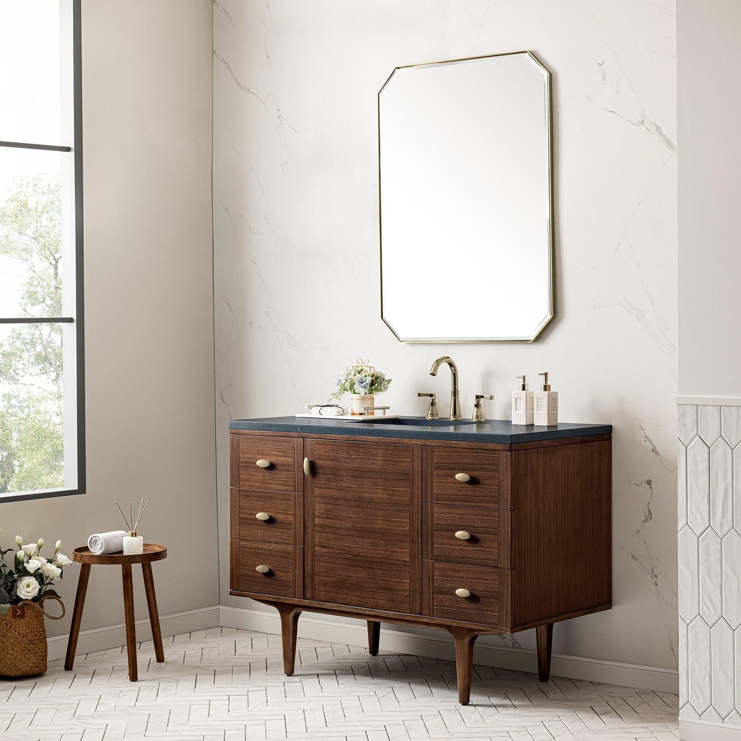 James Martin Vanities Amberly 48" Mid-Century Walnut Single Vanity With 3cm Charcoal Soapstone Top