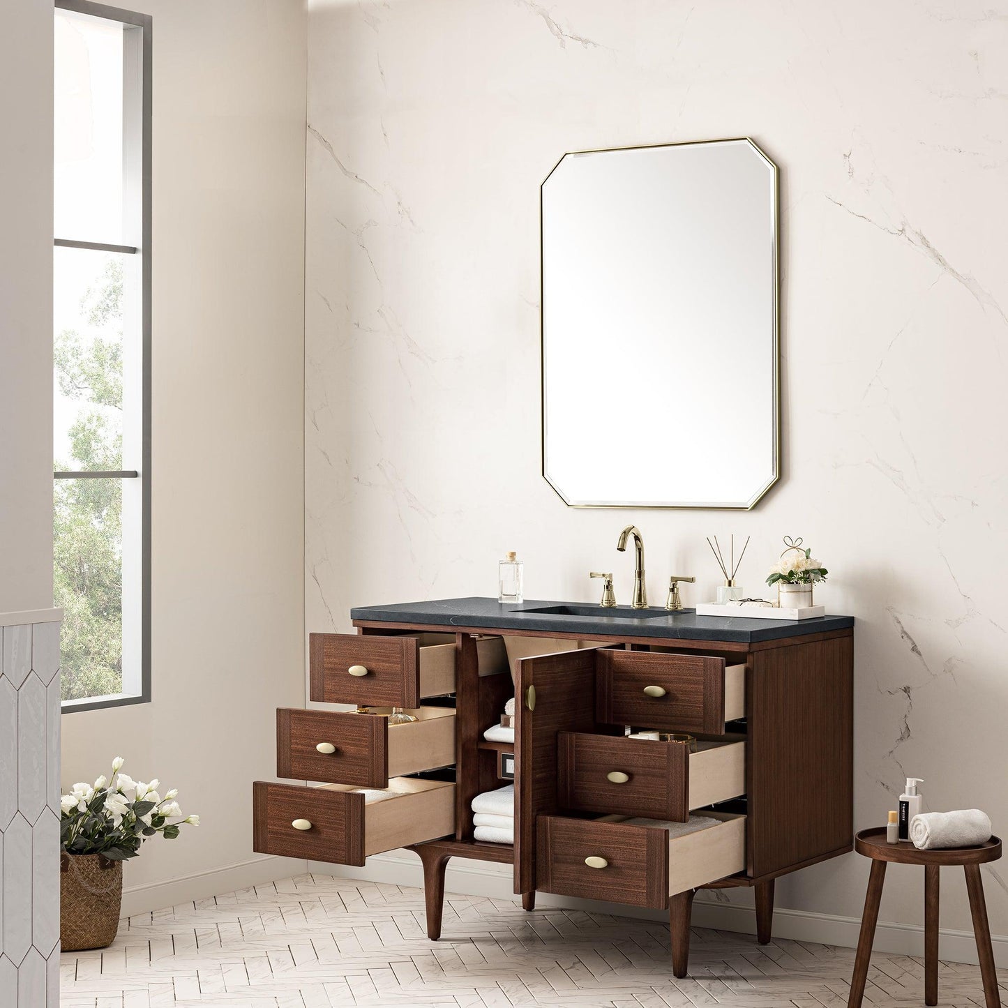 James Martin Vanities Amberly 48" Mid-Century Walnut Single Vanity With 3cm Charcoal Soapstone Top