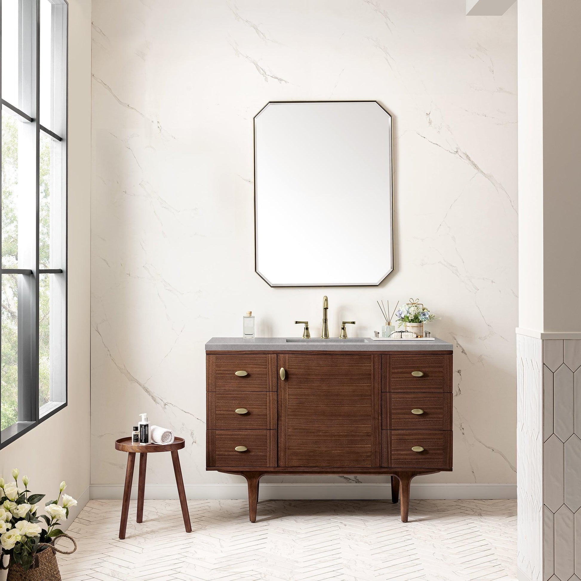 James Martin Vanities Amberly 48" Mid-Century Walnut Single Vanity With 3cm Eternal Serena Top