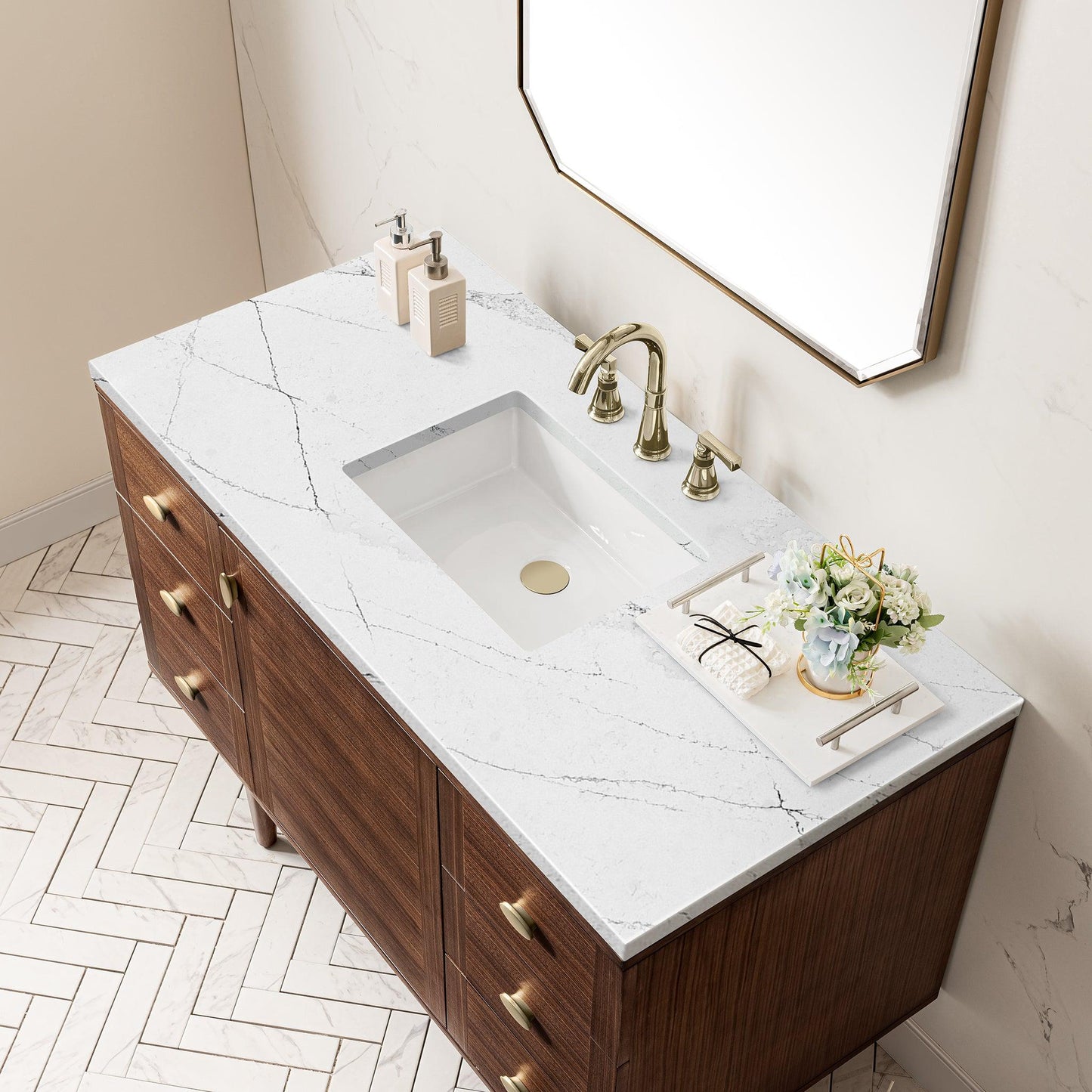 James Martin Vanities Amberly 48" Mid-Century Walnut Single Vanity With 3cm Ethereal Noctis Top